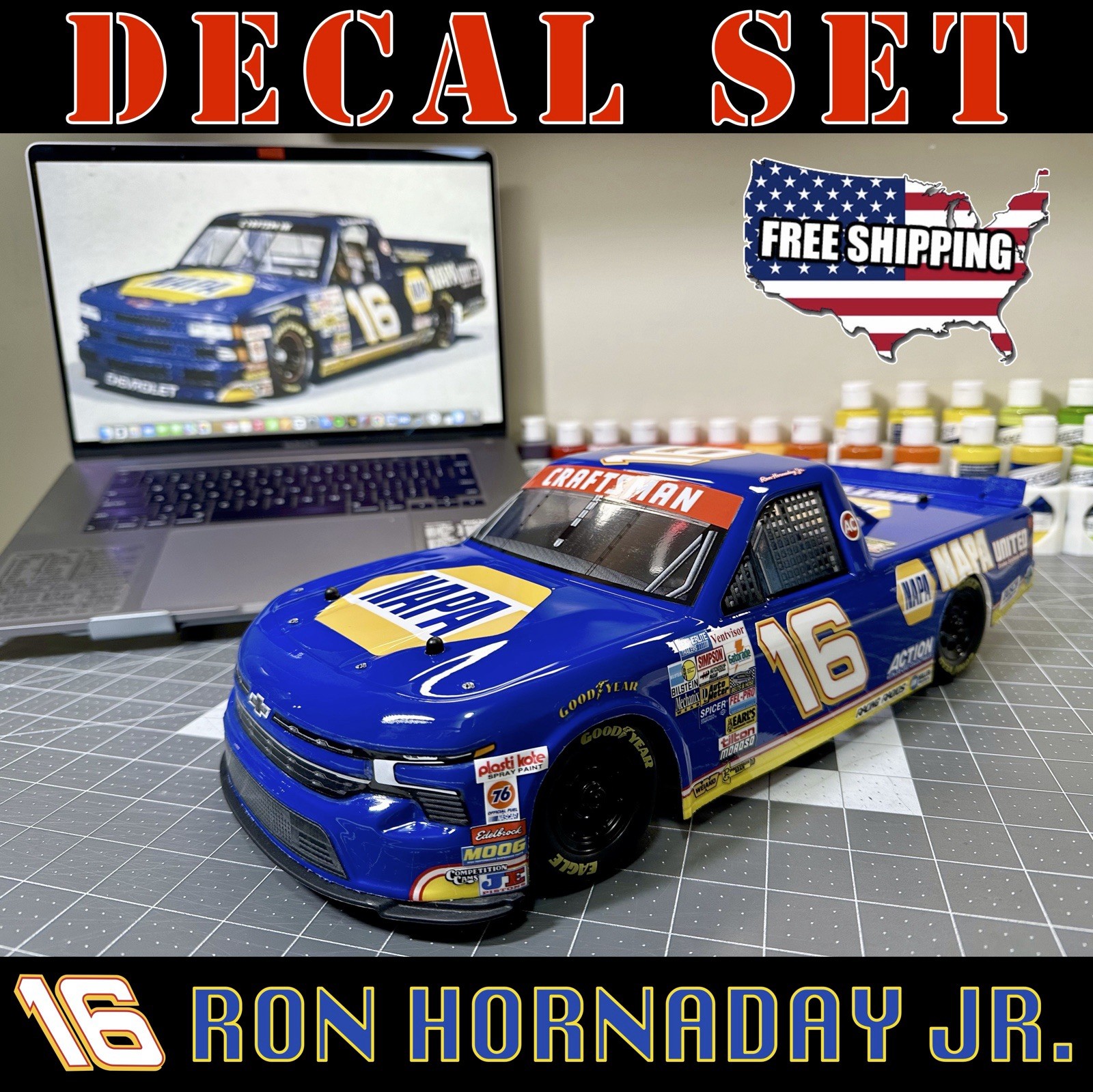 1/12 RC NASCAR Decals Ron Hornaday Jr #16 NAPA Chevy Truck – Losi/Pro-Line Body