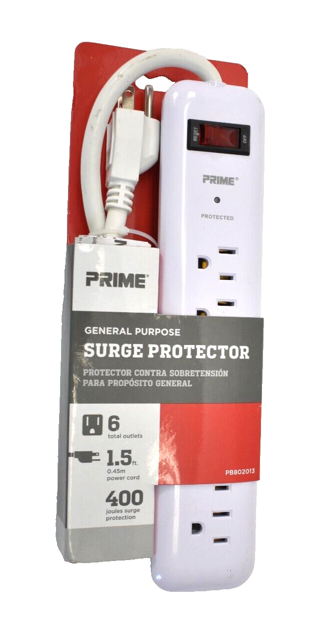 Prime General Purpose Surge Protector White PB802013 6 Outlet 1.5' Power Cord