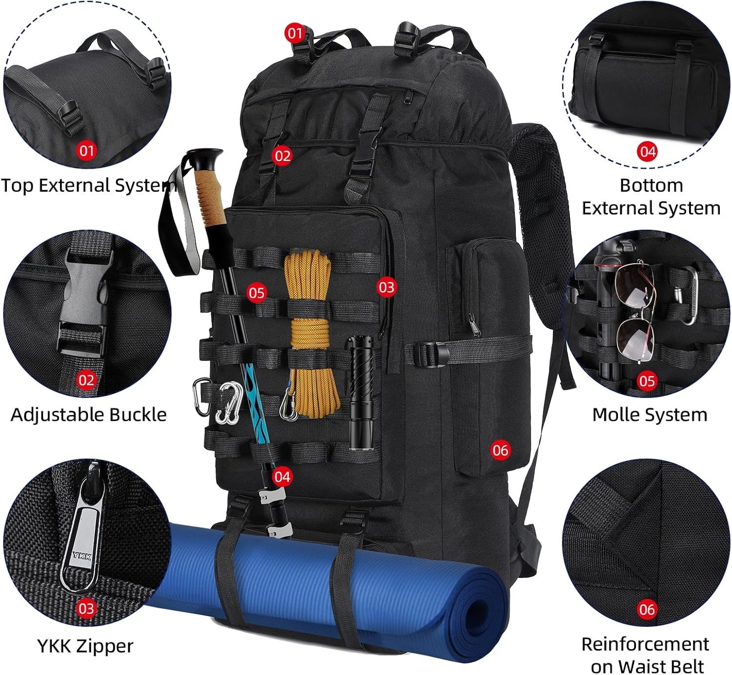 Versatile 70L Camping and Hiking Backpack with Molle System, Adjustable Straps