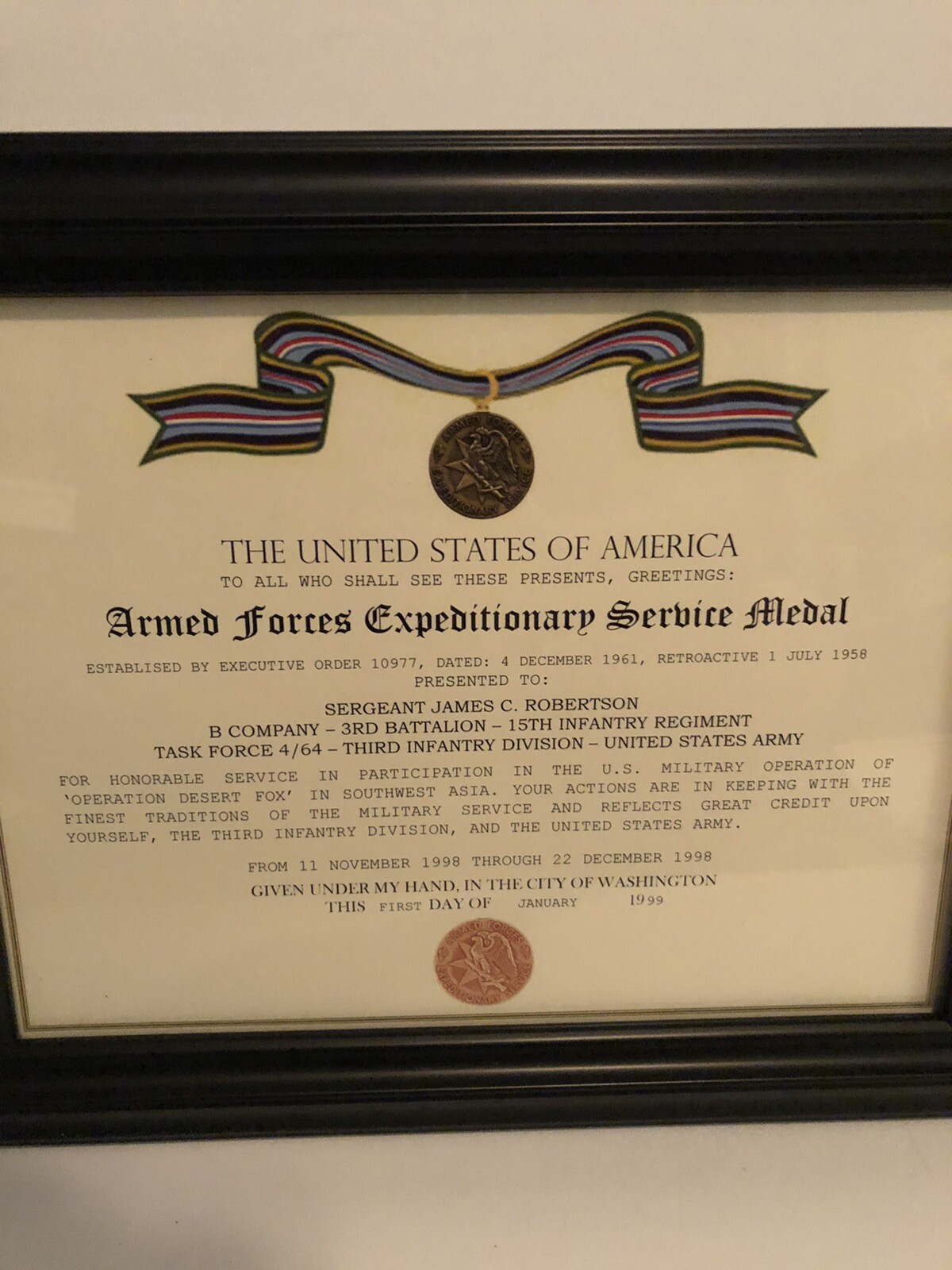 ARMED FORCES EXPEDITIONARY MEDAL / VETERAN COMMEMORATIVE CERTIFICATE (Type-3)
