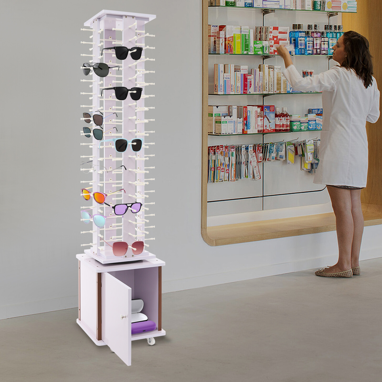 72-Pair Eyeglass Display Rack Floor-standing Rotating Glasses Storage Stand