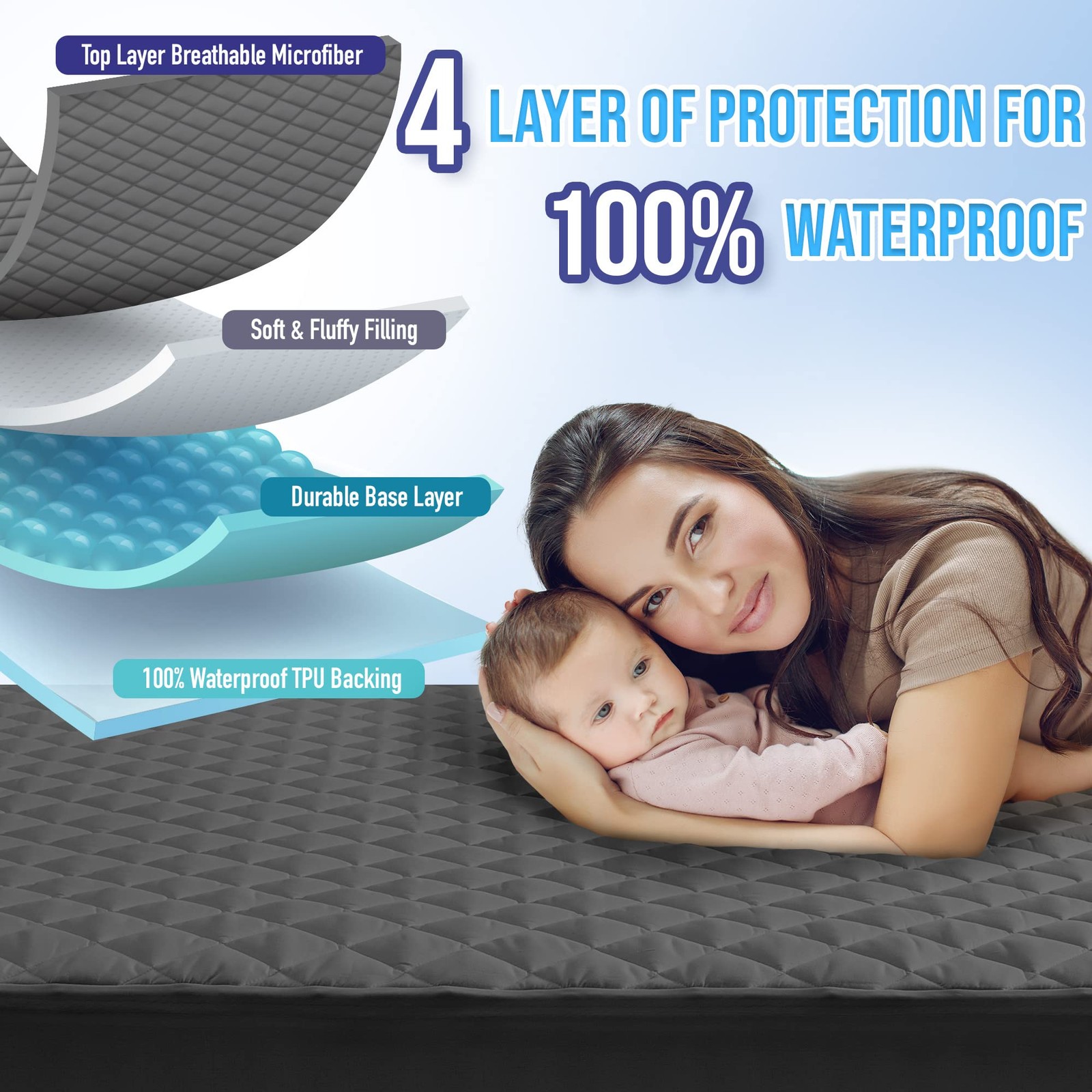HYLEORY Queen Size Waterproof Mattress Pad Protector, Queen, Dark Grey
