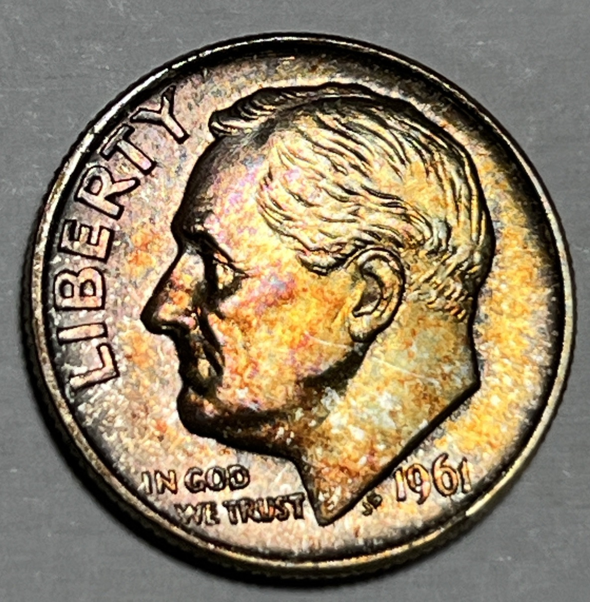 1961 Roosevelt Silver Dime Rainbow Toning Both Sides Uncirculated #2