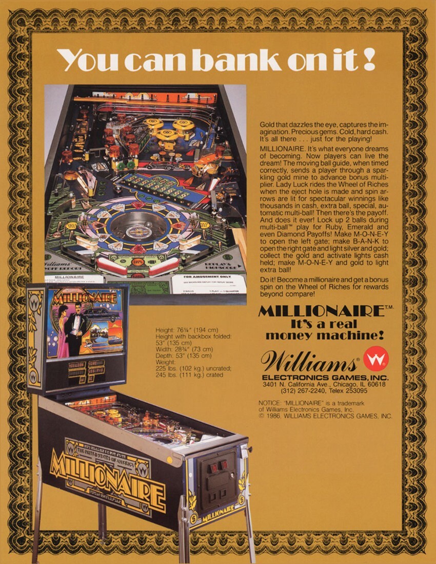 1987 Williams Millionaire Pinball Machine Maintenance Super Kit