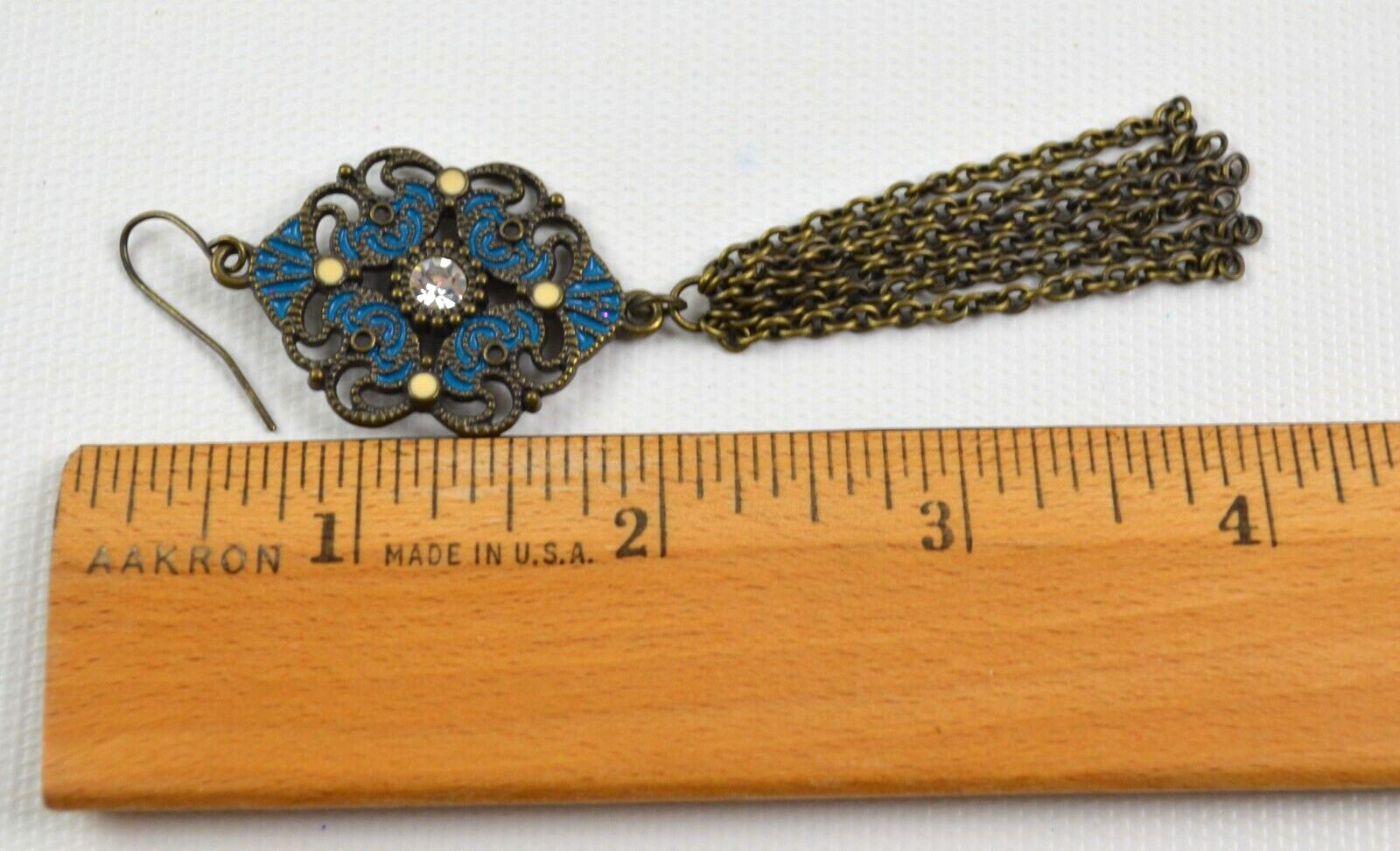 Dangle Pierced Hook Earrings Blue w/ Clear Center Rhinestone & Chain Dangles