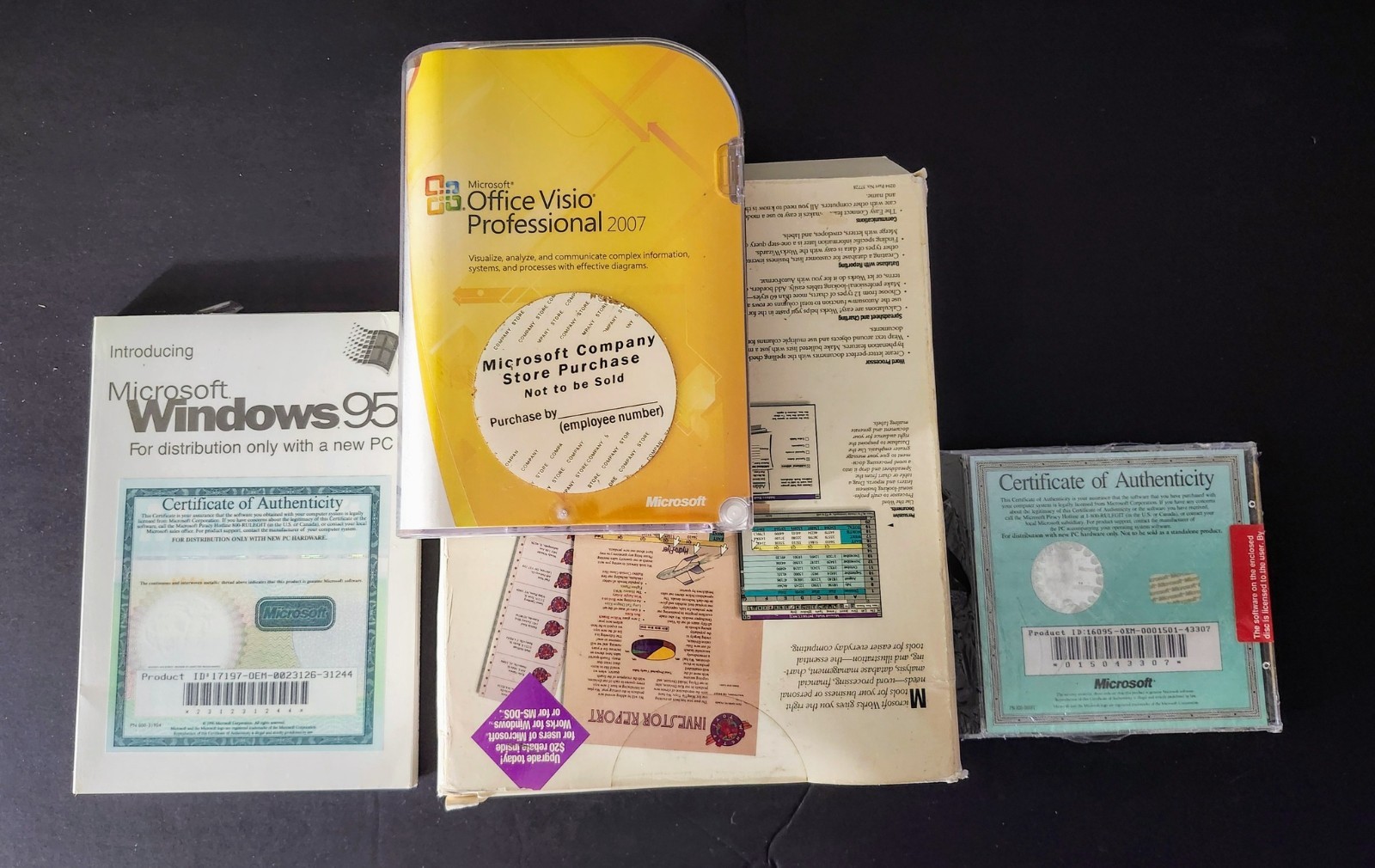 Microsoft Windows 95 Works Money 3.0 Office Visio 2007 4X combo SEALED COA'S