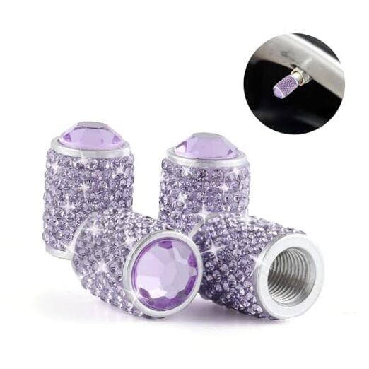 Car Wheel Tire Valve Caps, 4 PCS Bling Tire Valve Caps, Crystal Tire Purple