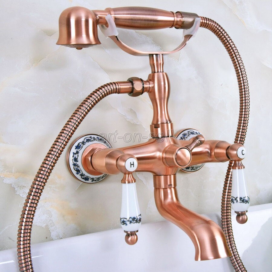 Red Copper Wall Mount Bathroom Clawfoot Bath Tub Faucet Filler with Hand Shower