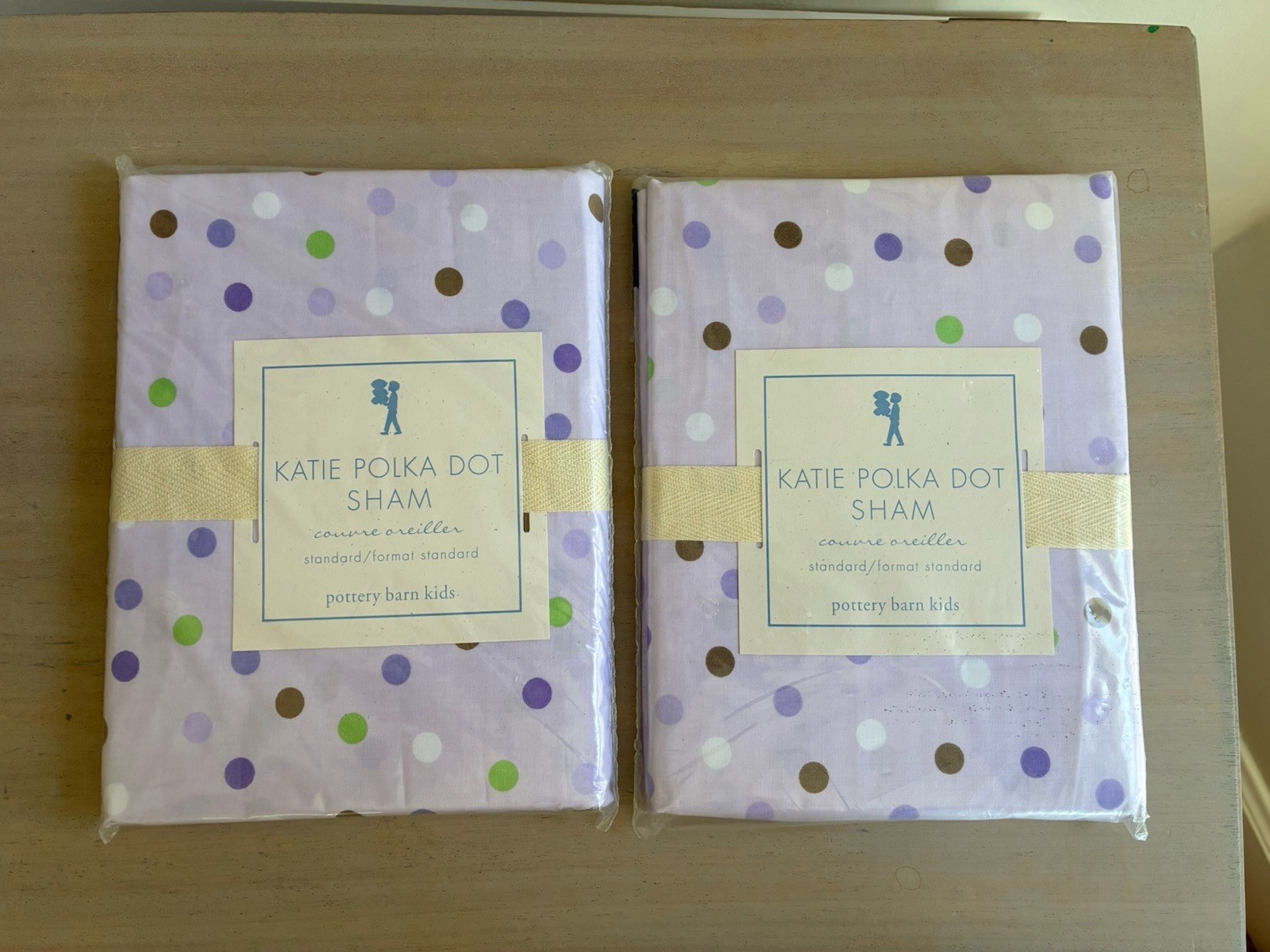 New Pottery Barn Kids NIP 2 Set Katie Polka Dot Standard Sham Purple Green Brown