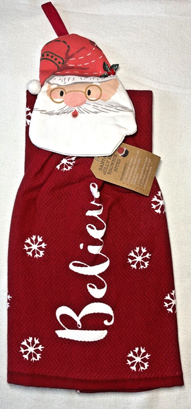 SANTAS WORKSHOP  KITCHEN HANGING TOWEL & KITCHEN TOWEL 2) SANTA  BELIEVE NIP