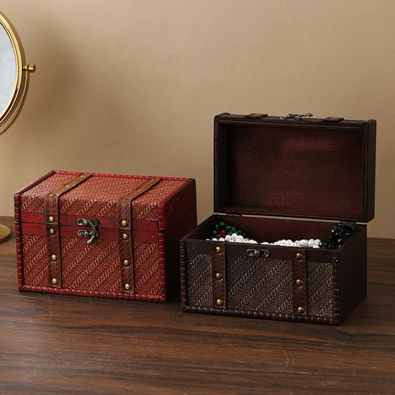 Retro Wood Makeup Box Jewelry Storage Big Capacity Cosmetic Case Lock Organizer