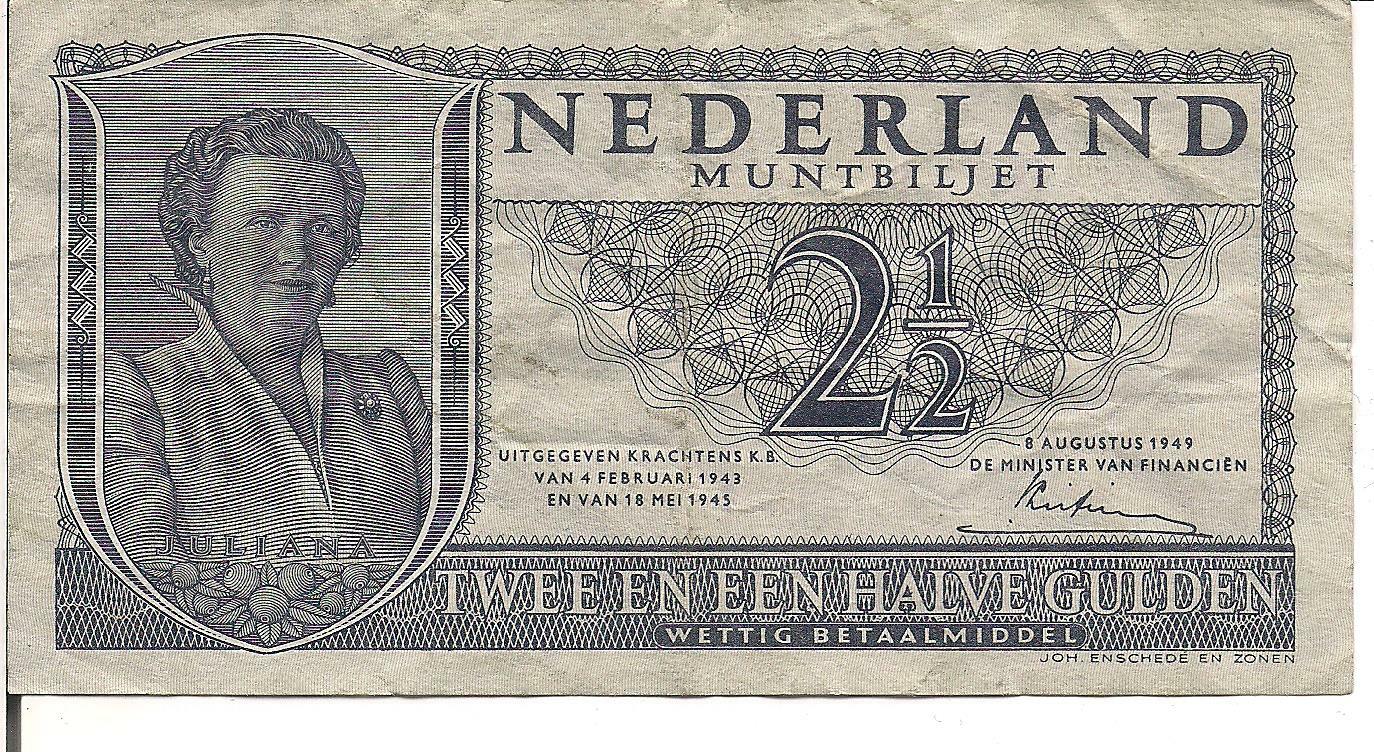 NETHERLANDS, 2 1/2 GULDEN, P#73, 1949