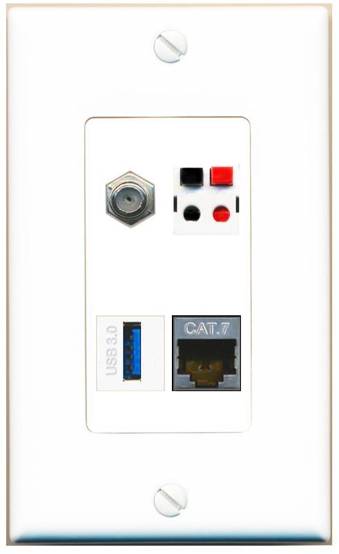[4 Ports] CAT7 COAX SPEAKER USB-3 Wall Plate DecorZ White