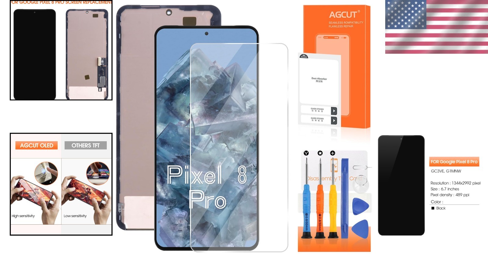 6.7'' OLED Screen Replacement for Google Pixel 8 Pro with Fingerprint Function