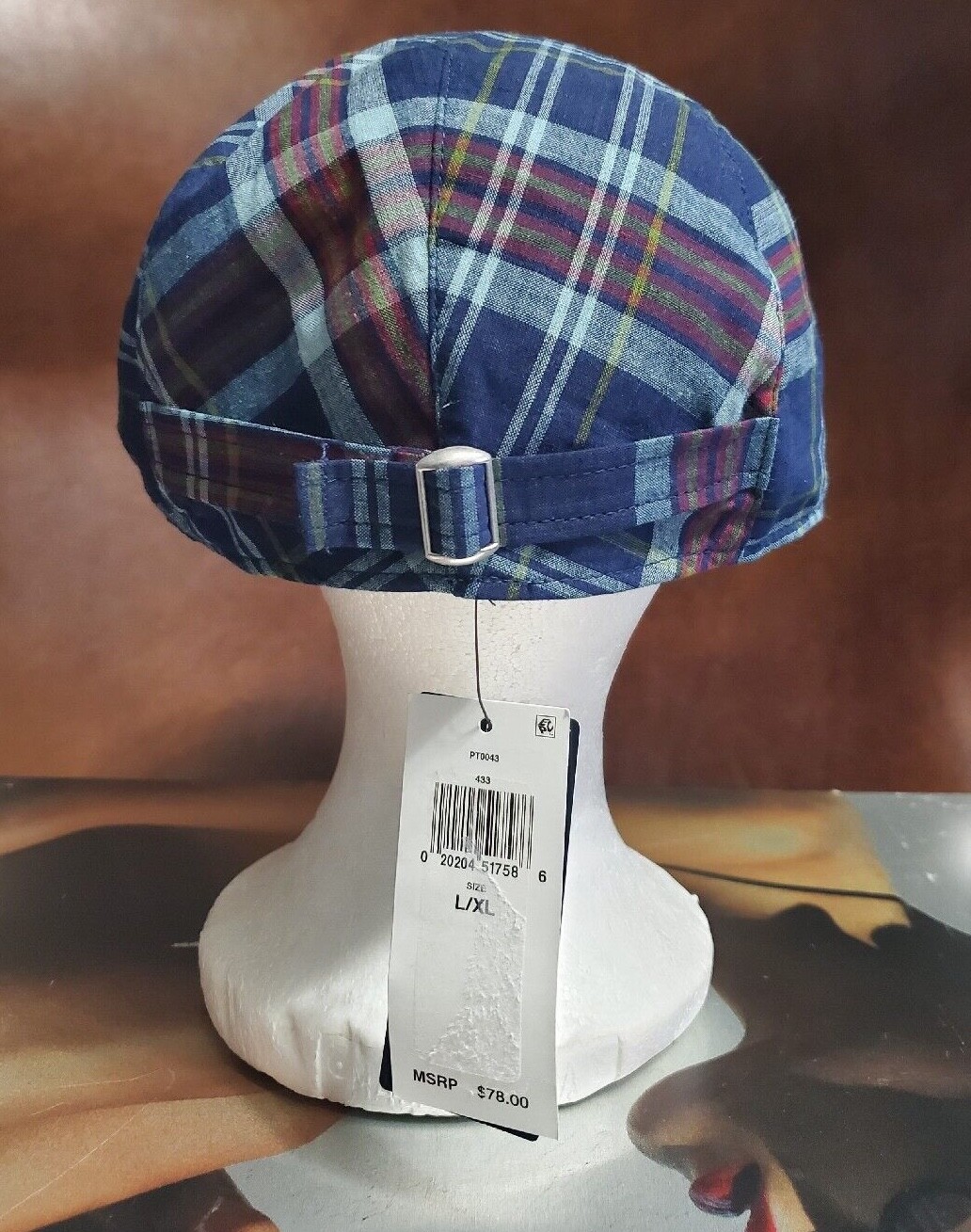 POLO RALPH LAUREN BLUE MADRAS PLAID COTTON MENS CABBIE/DRIVER HAT (SM, L/XL) NWT