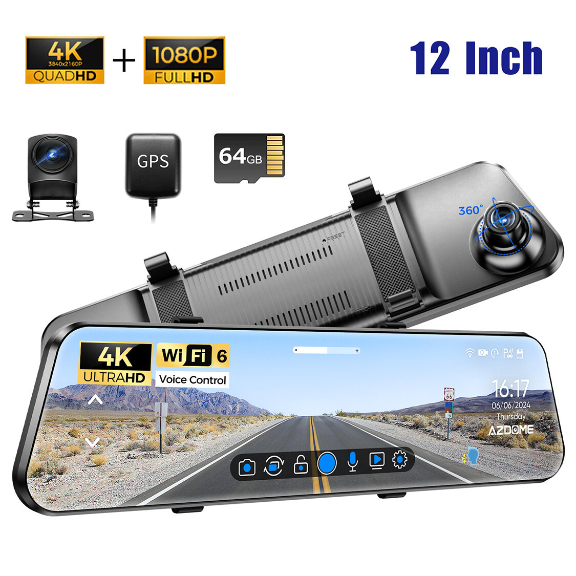 AZDOME 12"Dual 4K+1080P Rear View Mirror Dashcam Front Rear WiFi6 GPS Car Camera