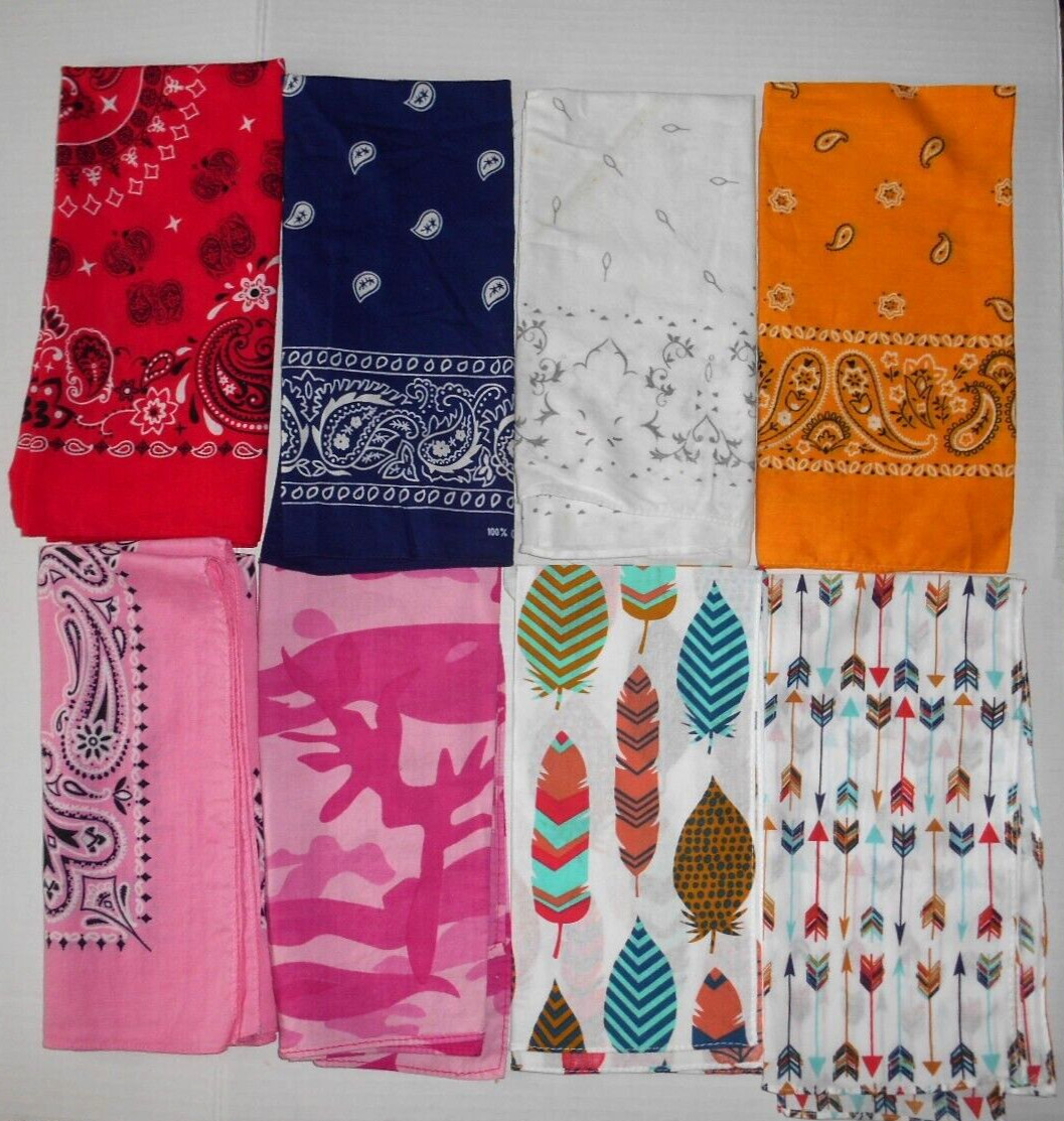 Lot of 8 Cotton Biker Bandana Handkerchief Paisley Camo Western Assorted Colors