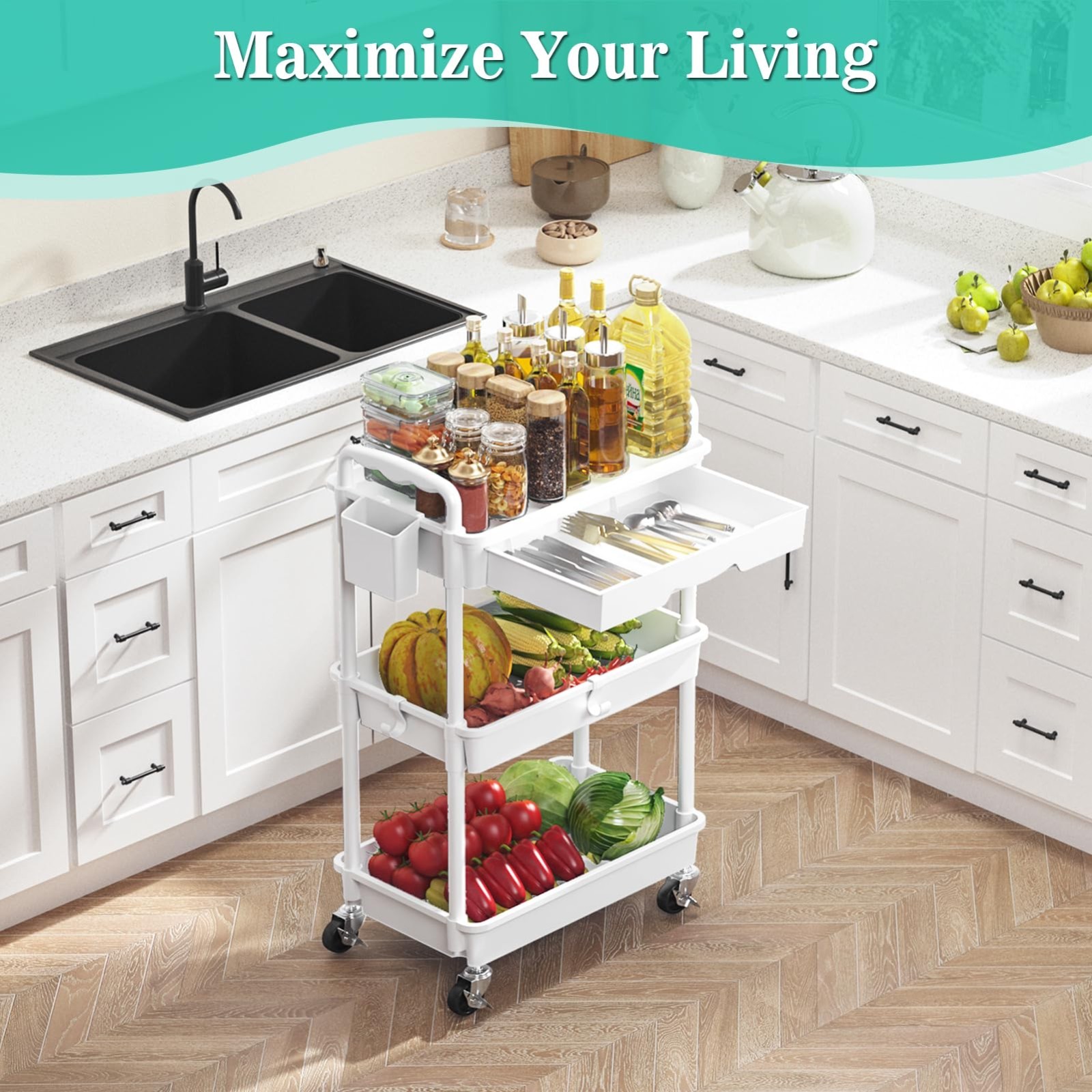 3 Tier Rolling Storage Cart with Drawer, Lockable Wheels, Bathroom & Kitchen Org