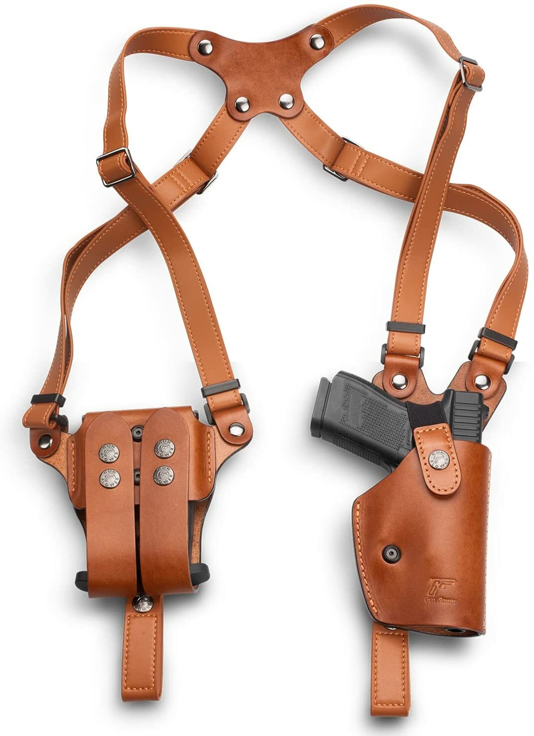 Leather Shoulder Holster Vertical Concealed Holster with Double Magazine Holder