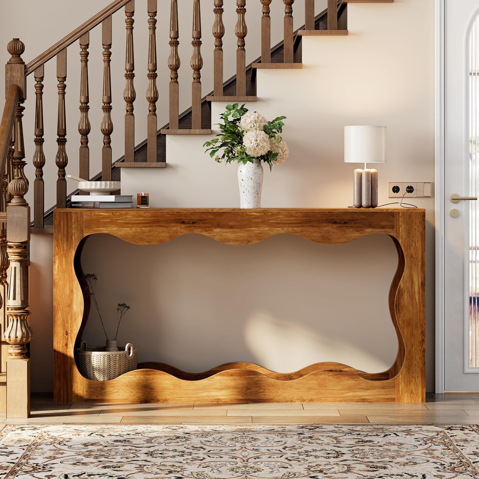 63 inch Farmhouse Console Table with Storage & LED Light, Long Sofa Table Beh...