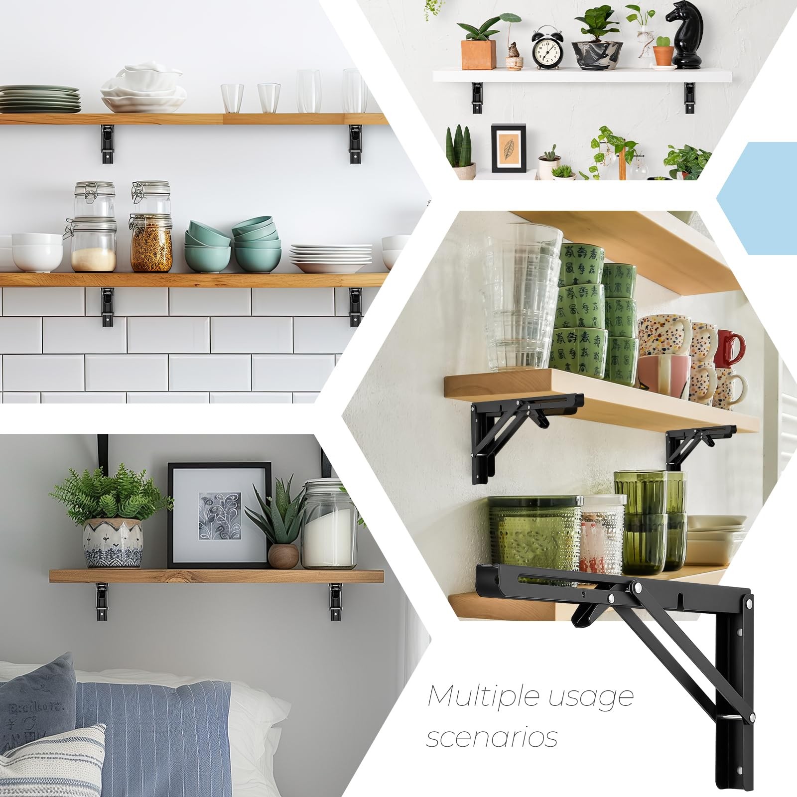 2 PCS Matte Black Folding Shelf Bracket 12 Inch Wall Mounted Collapsible Mount