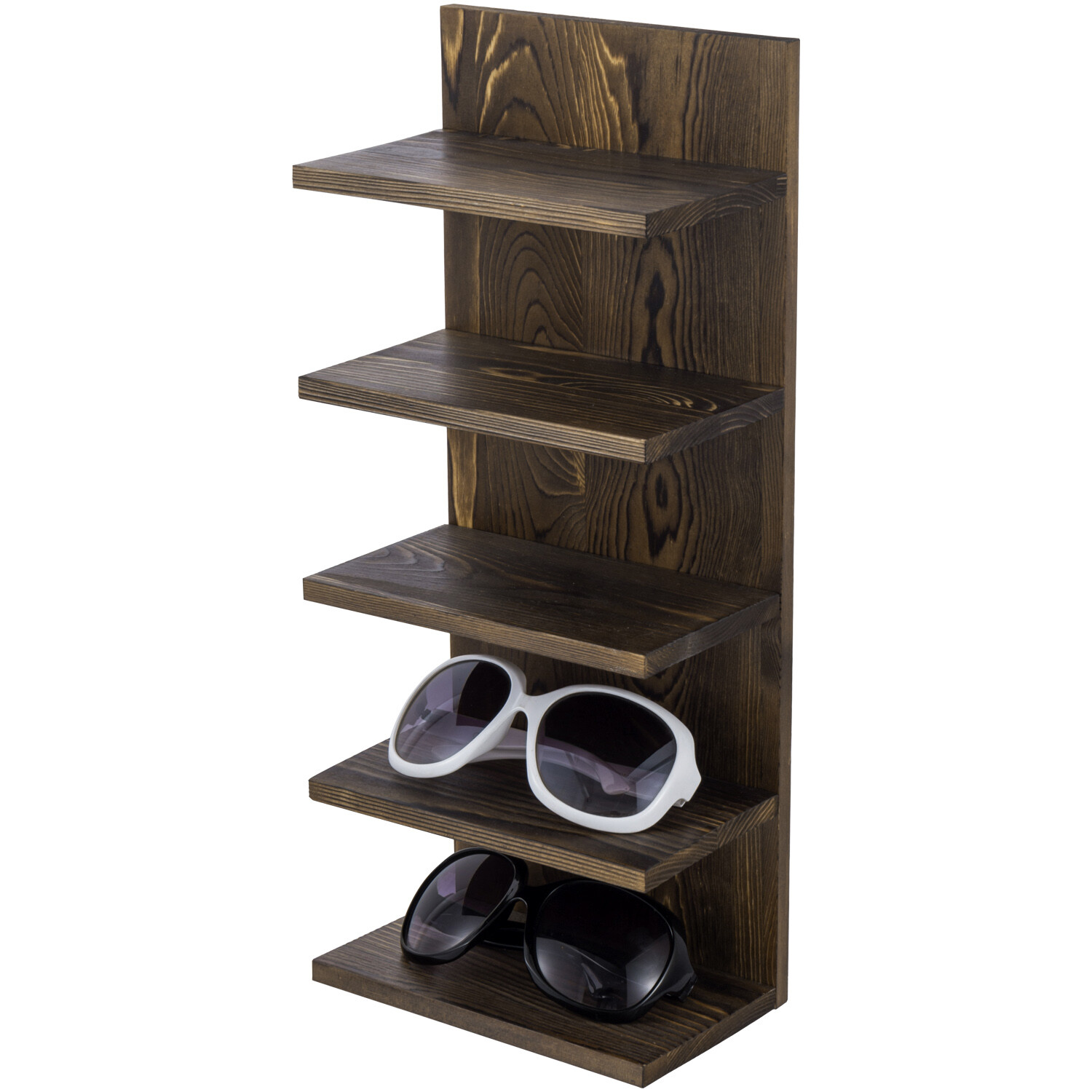 Wall Mounted 5 Tier Brown Wood Sunglassess Holder, Eyewear Showcase Storage Rack