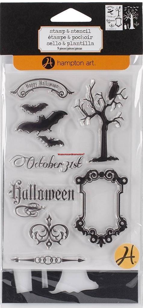 HAMPTON ART Stamp & Stencil HALLOWEEN Bat, Tree, Frame, Sayings 9 Pieces