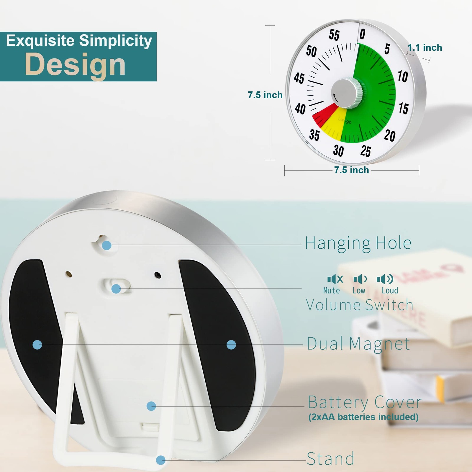 Lavigo Kitchen Timer, Countdown Visual Analog Timer, Quiet Counting, Low Loud