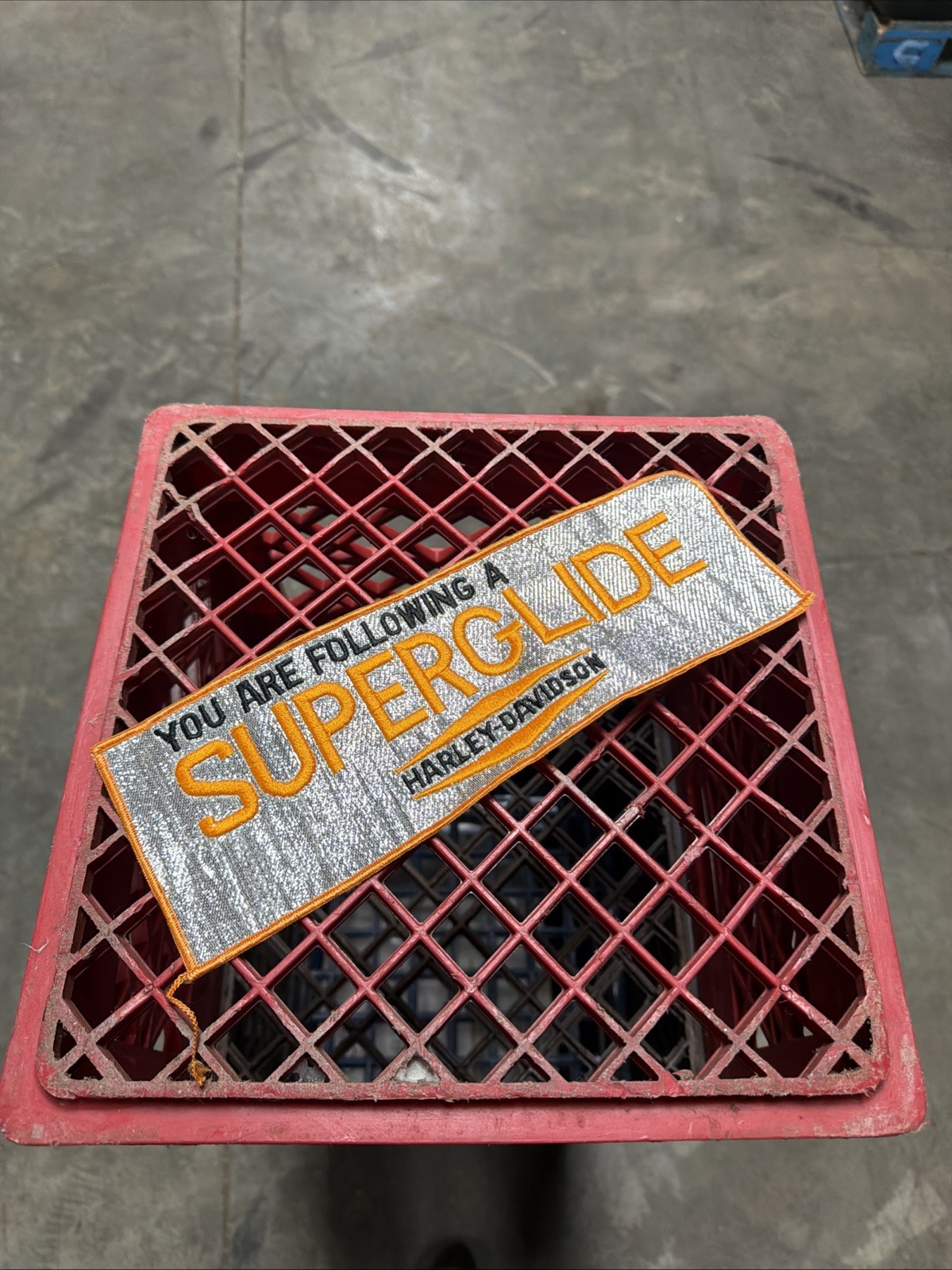VINTAGE HARLEY-DAVIDSON H-D "YOU ARE FOLLOWING A SUPERGLIDE" SEW ON PATCH 11-1/2