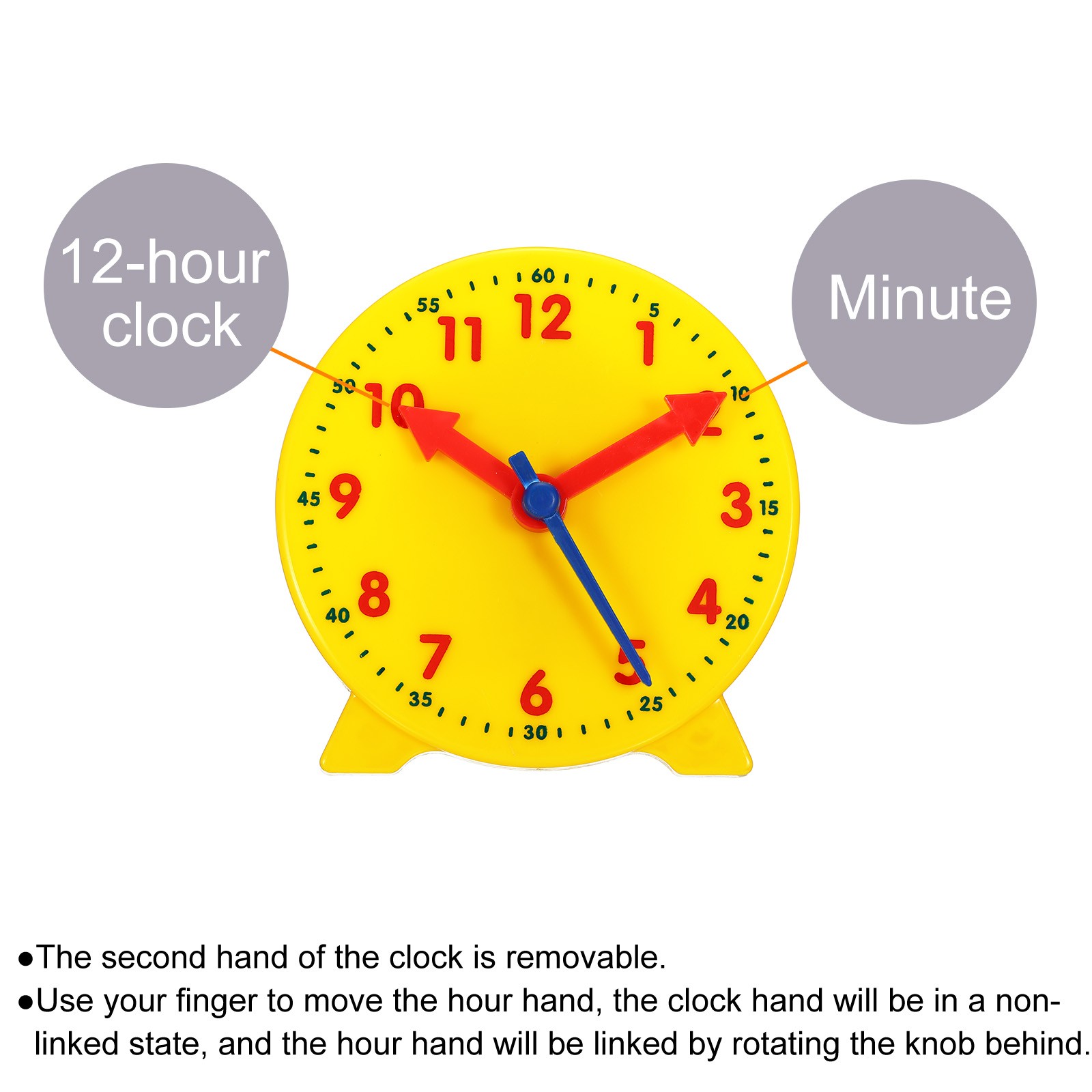 4" Teaching Clock, 12 Hours 3 Movement Indicators Oriented for, Yellow