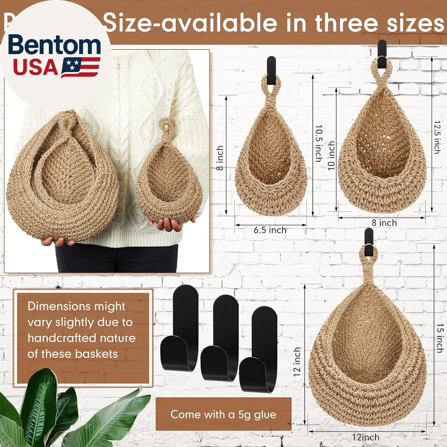 Boho Decor Hanging Wall Baskets for Kitchen 3 Pack Teardrop Baskets with Hooks S