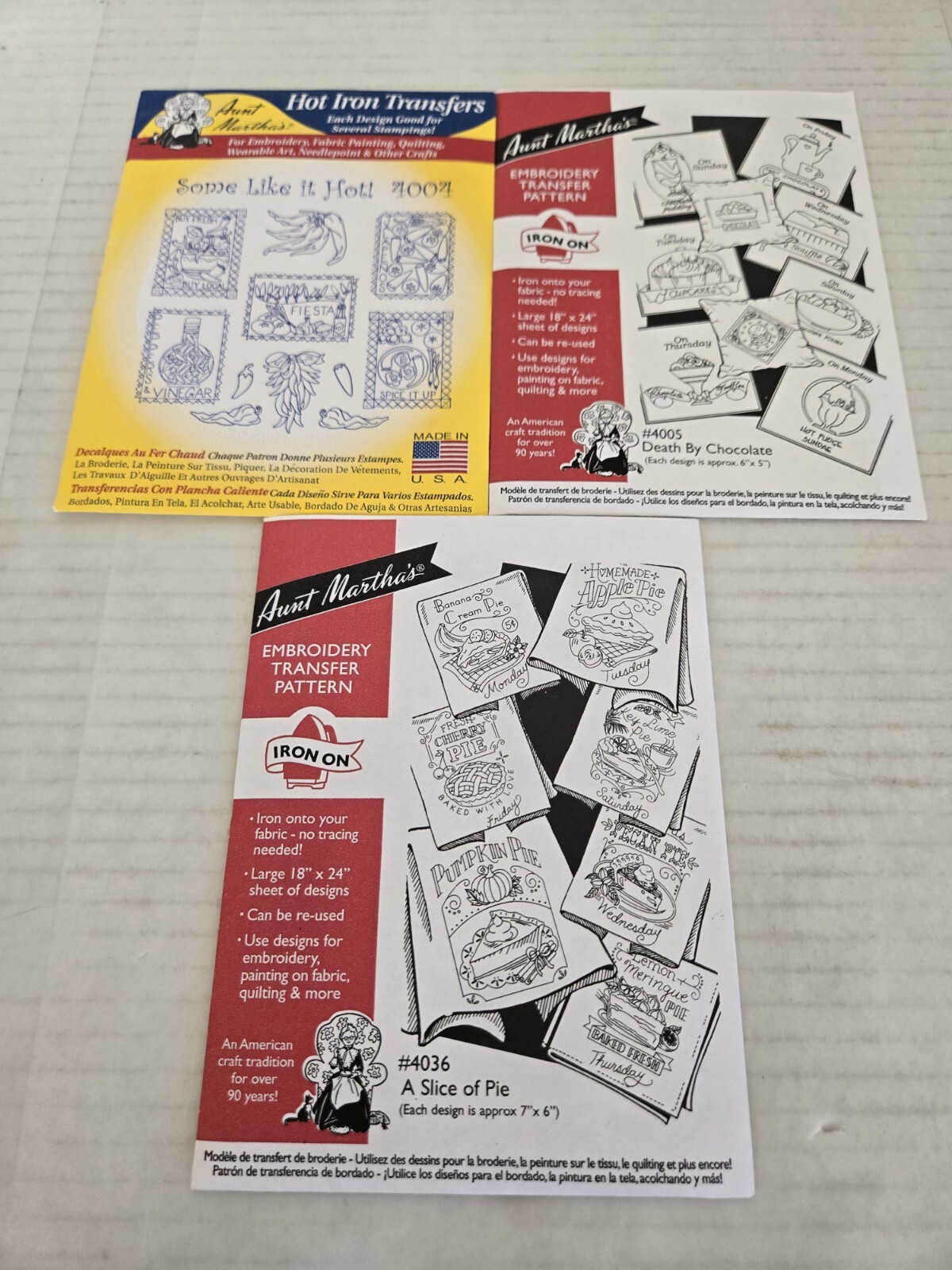 Aunt Martha's Hot Iron Transfers - Some Like it Hot, Death by Choc, Slice of Pie