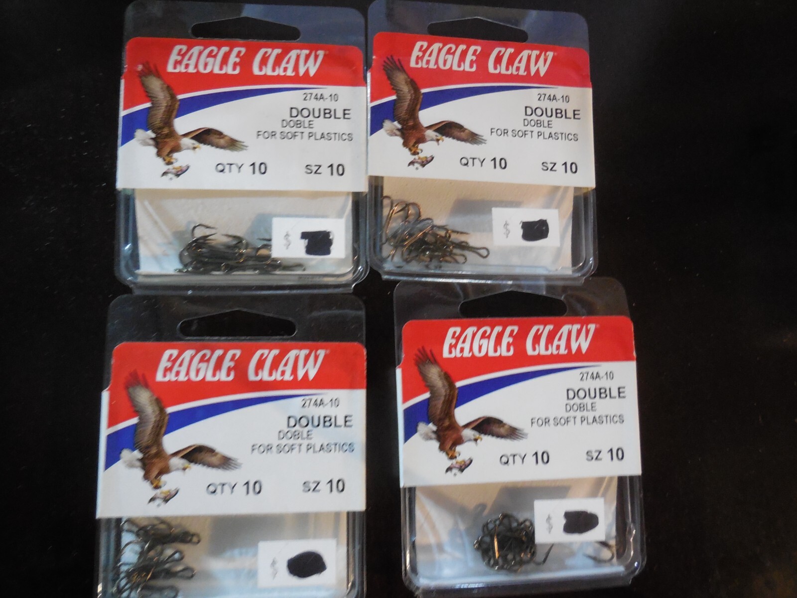 4 Packs Eagle Claw Double Hooks for Soft Plastics 274A-10 Size 10 40 Hooks