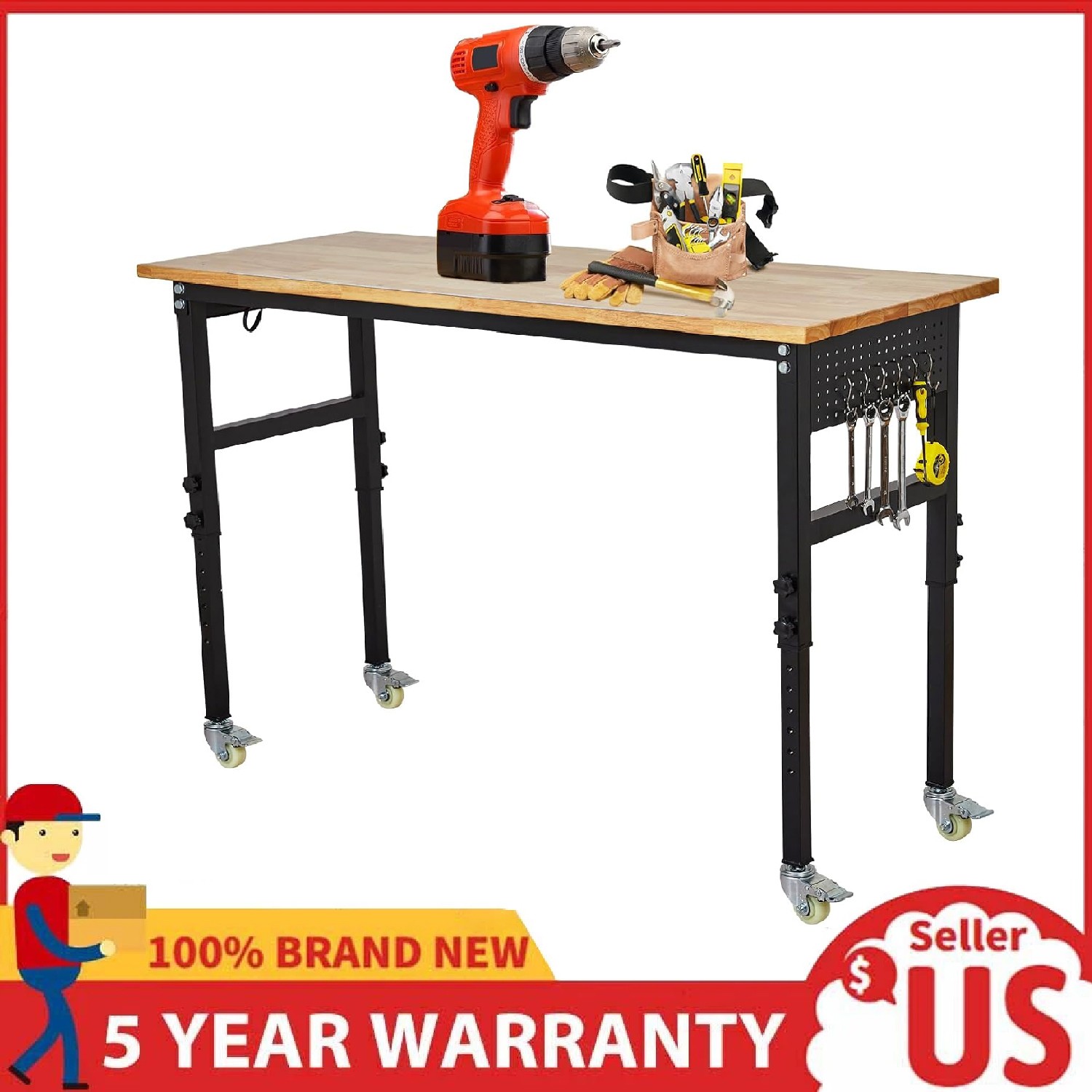 60" Adjustable Workbench with Wheels & Power Outlets ,Heavy Duty Wood Work Table