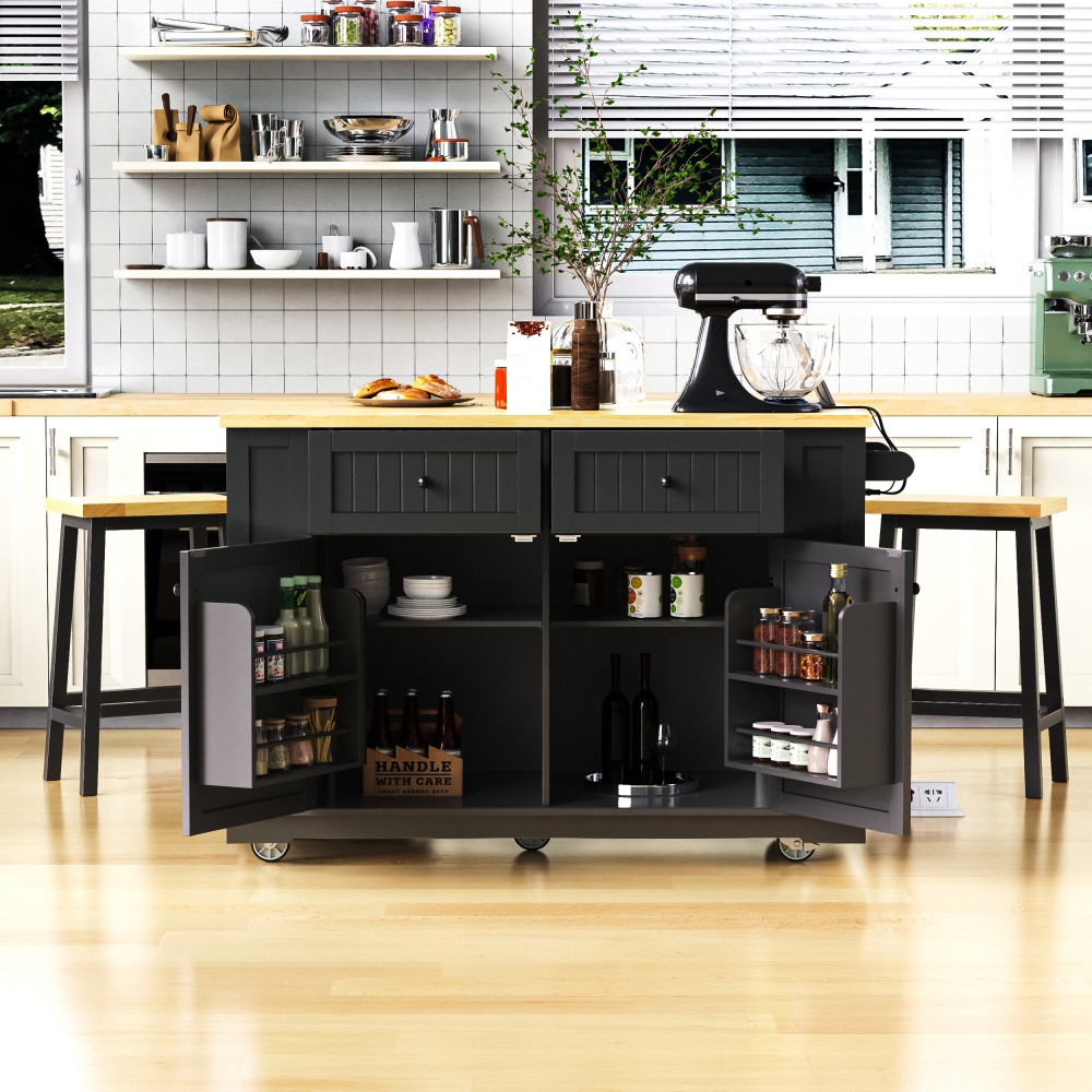Large Kitchen Island Cart with Drop Leaf, Charging Station & 2 Stools, Black