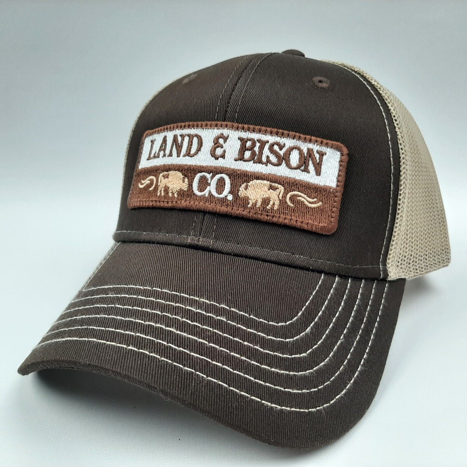 Land & Bison Embroidered Patch Cap Hat Curved Bill Trucker Mesh Snapback Brown
