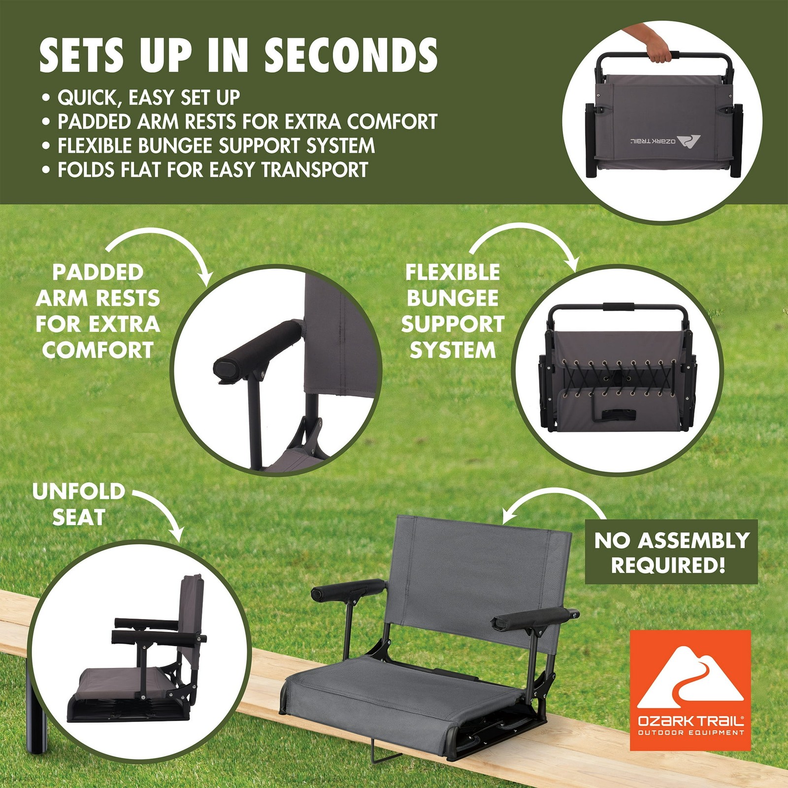Ozark Trail Hard Arm Stadium Seat, Gray