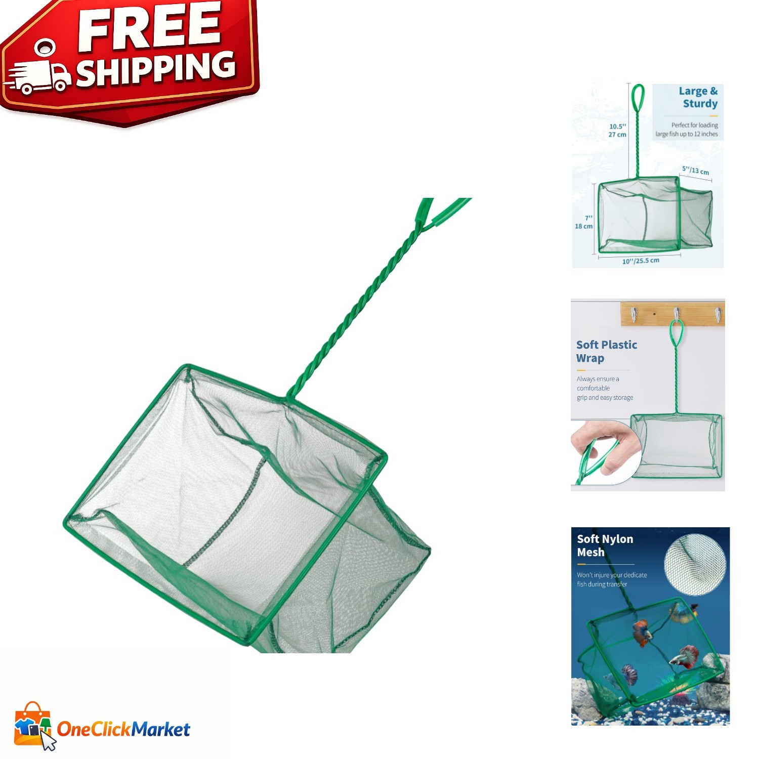 Versatile 10 Inch Square Fish Net with Soft Mesh for Safe Transfer and Cleaning