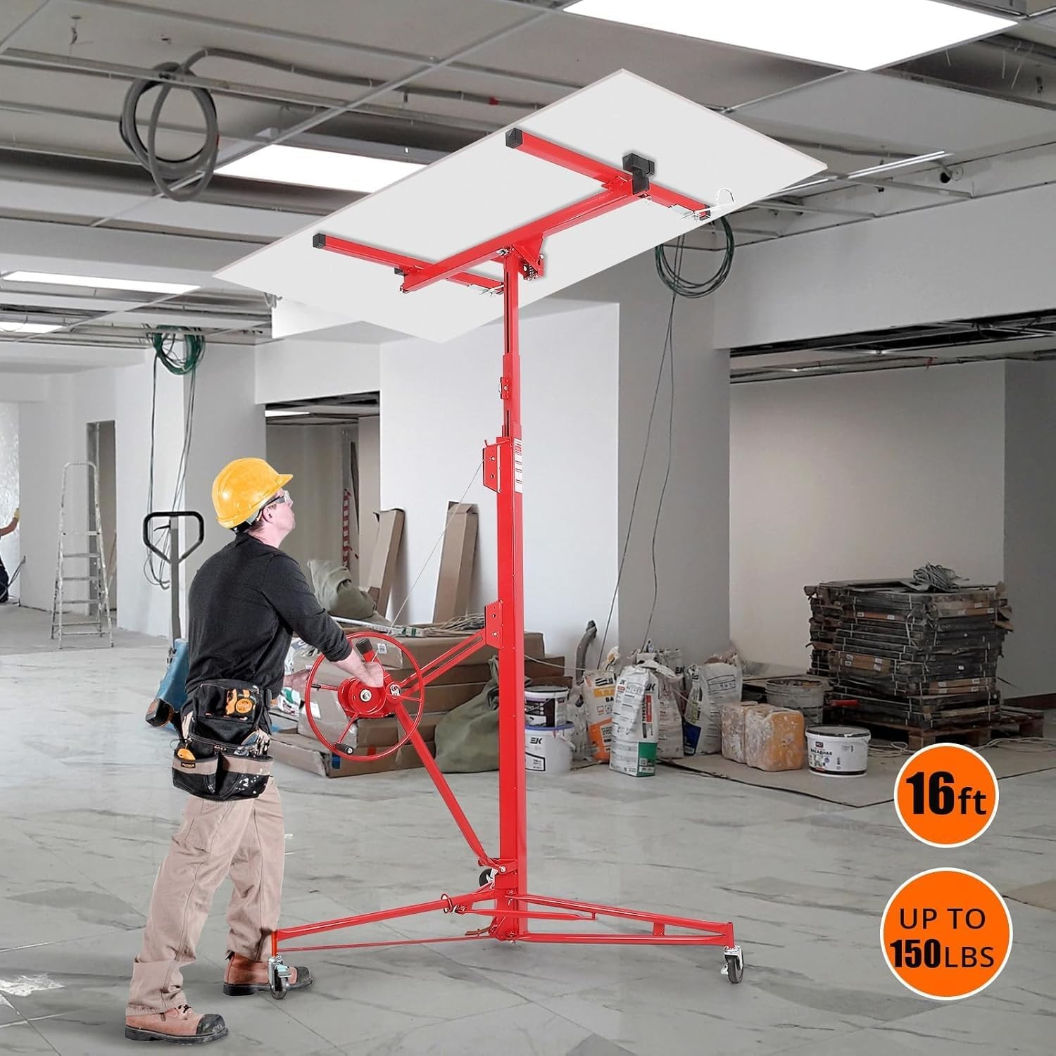 16 FT Drywall Lift Panel Rolling Hoist Plasterboard Jack Lifter Sheetrock Tool