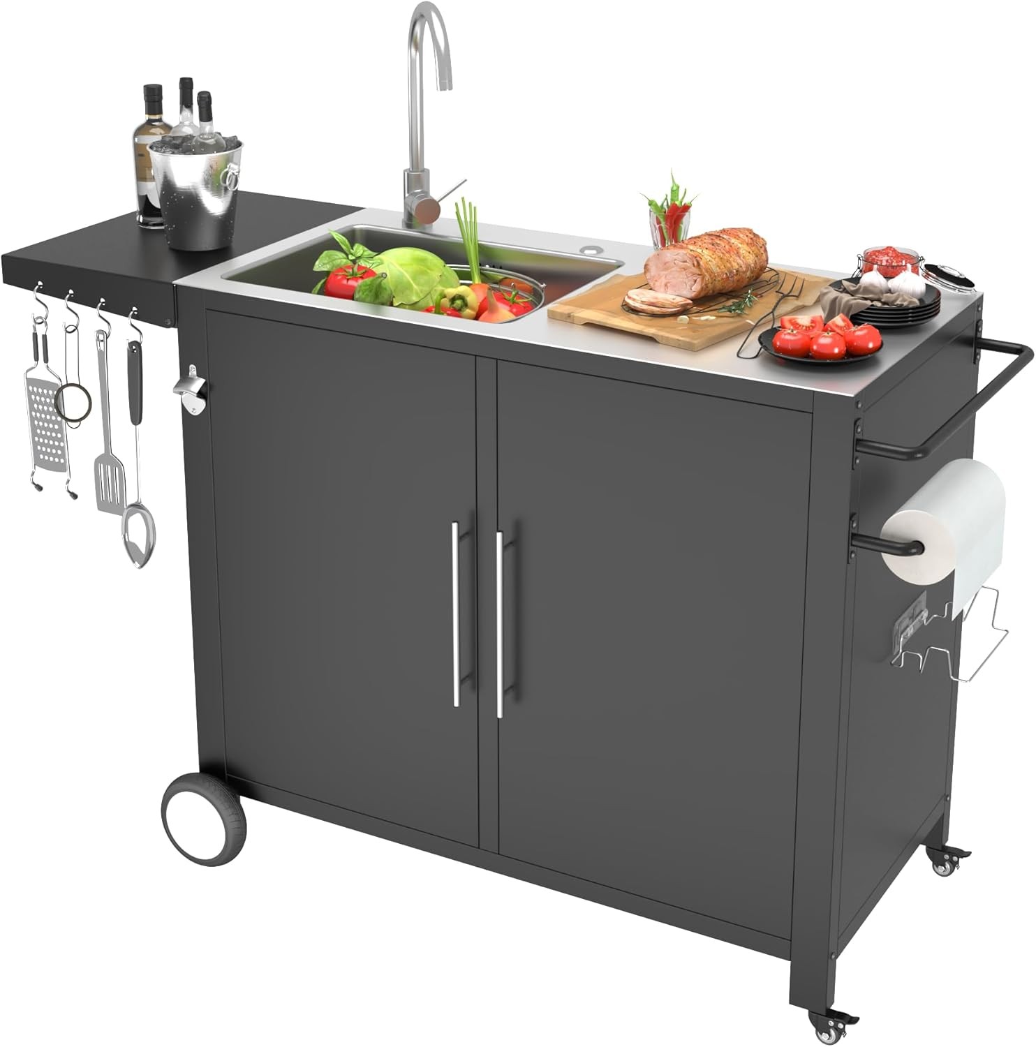 Outdoor Bar Cart with Sink Stainless Steel Prep Table Kitchen Island Hooks