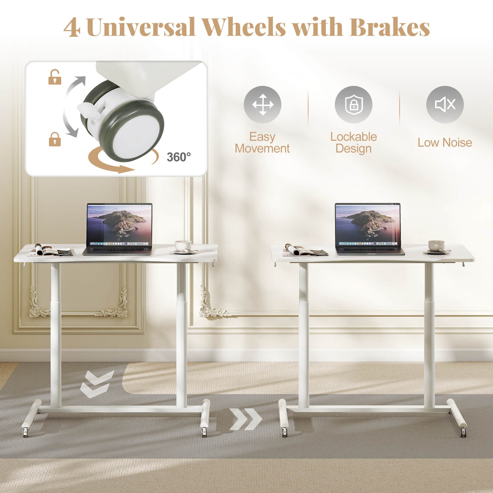 Costway Height Adjustable Computer Desk Sit Stand Rolling Notebook Table White