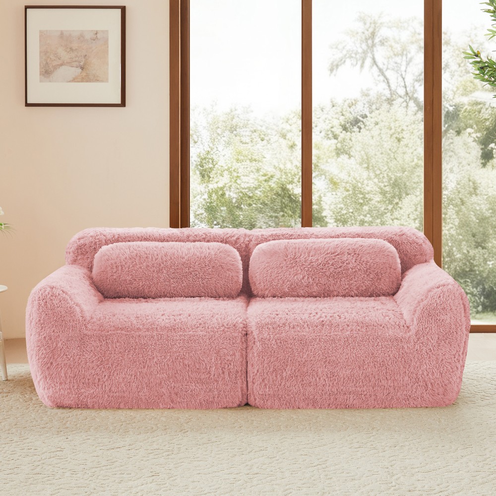 2-seater Sectional Couches Soft Fluffy Plush Fabric Bottom Anti-Slip Design Pink