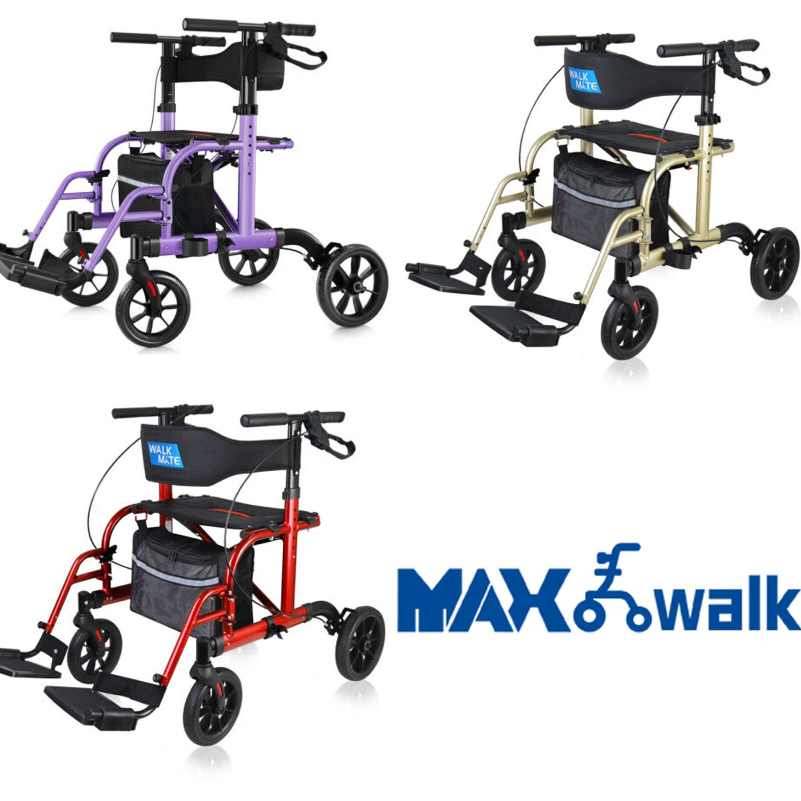 WALK MATE Adjustable 2 in 1 Medical Rollator Walker Folding Transport Chair New