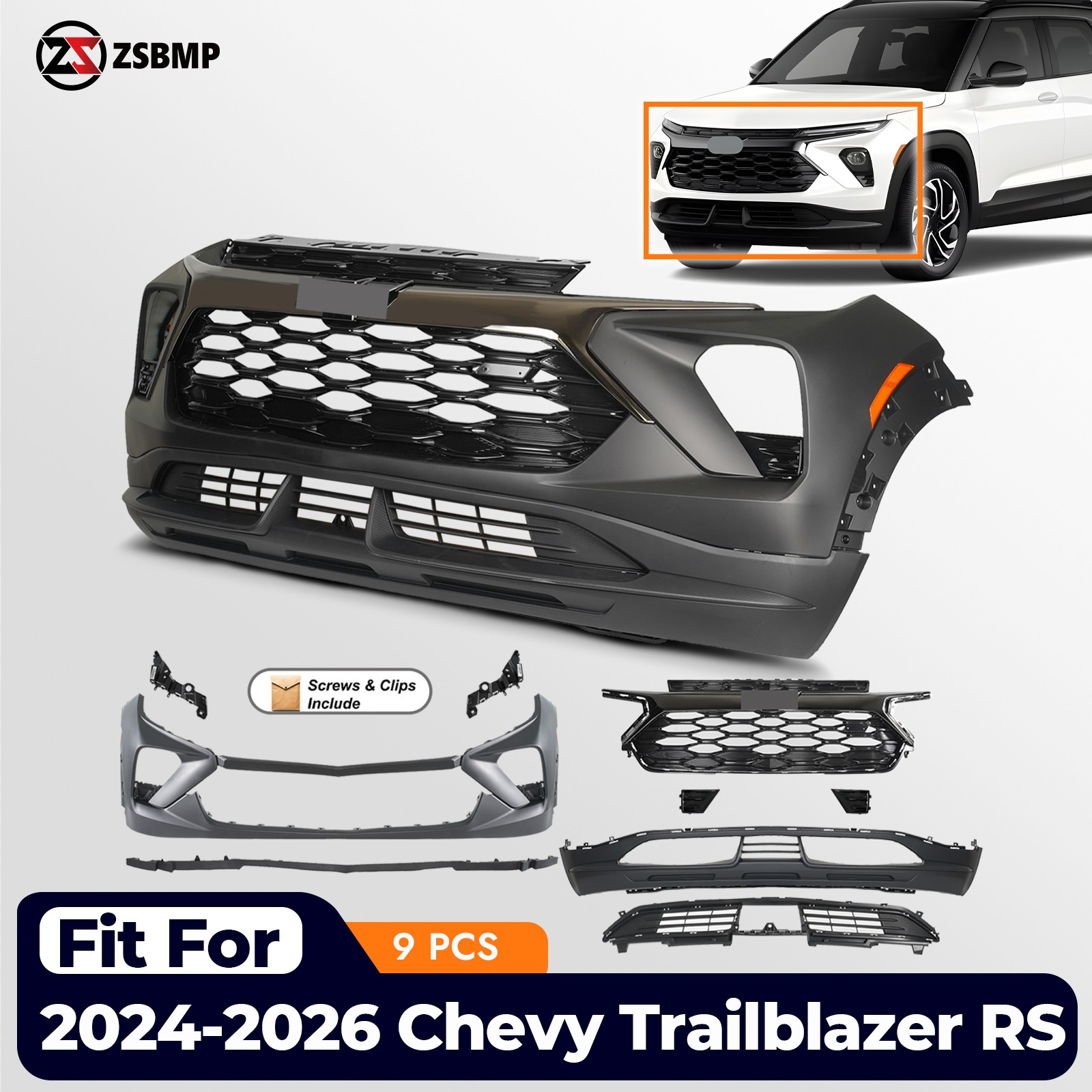 For 2024-2026 Chevy Trailblazer RS Front Bumper Cover Grille Assembly Grill Kit