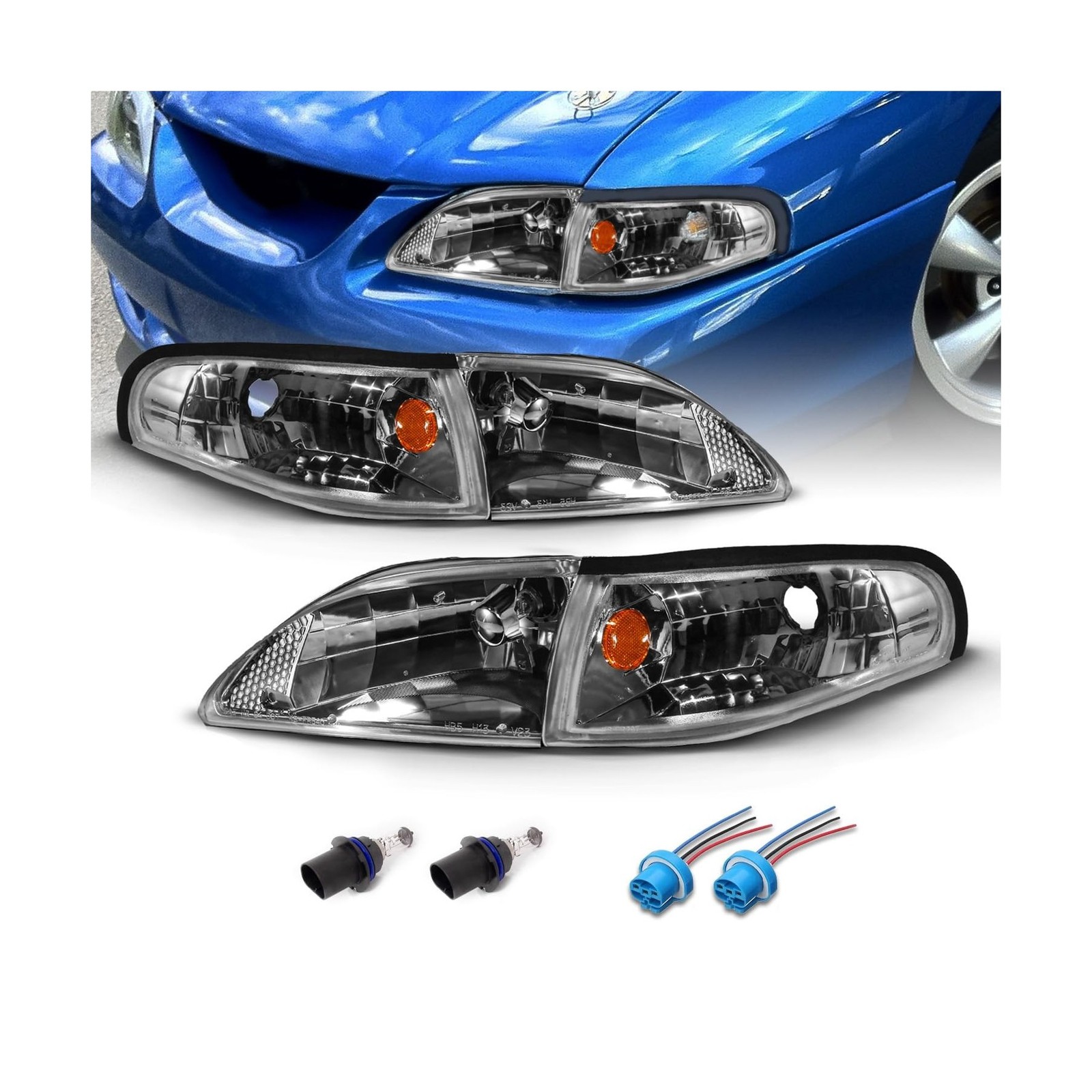 AmeriLite for 1994-1998 Mustang Gun-Metal Replacement Headlights Corner ...
