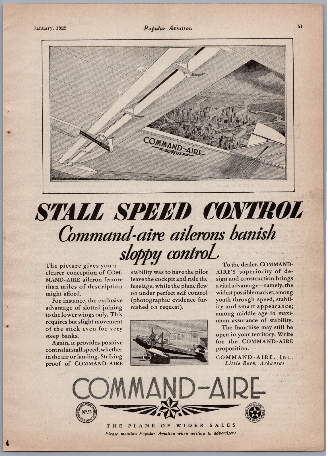 1929 Aviation Advertisement Command-Aire Little Rock, Arkansas Airplane Plane
