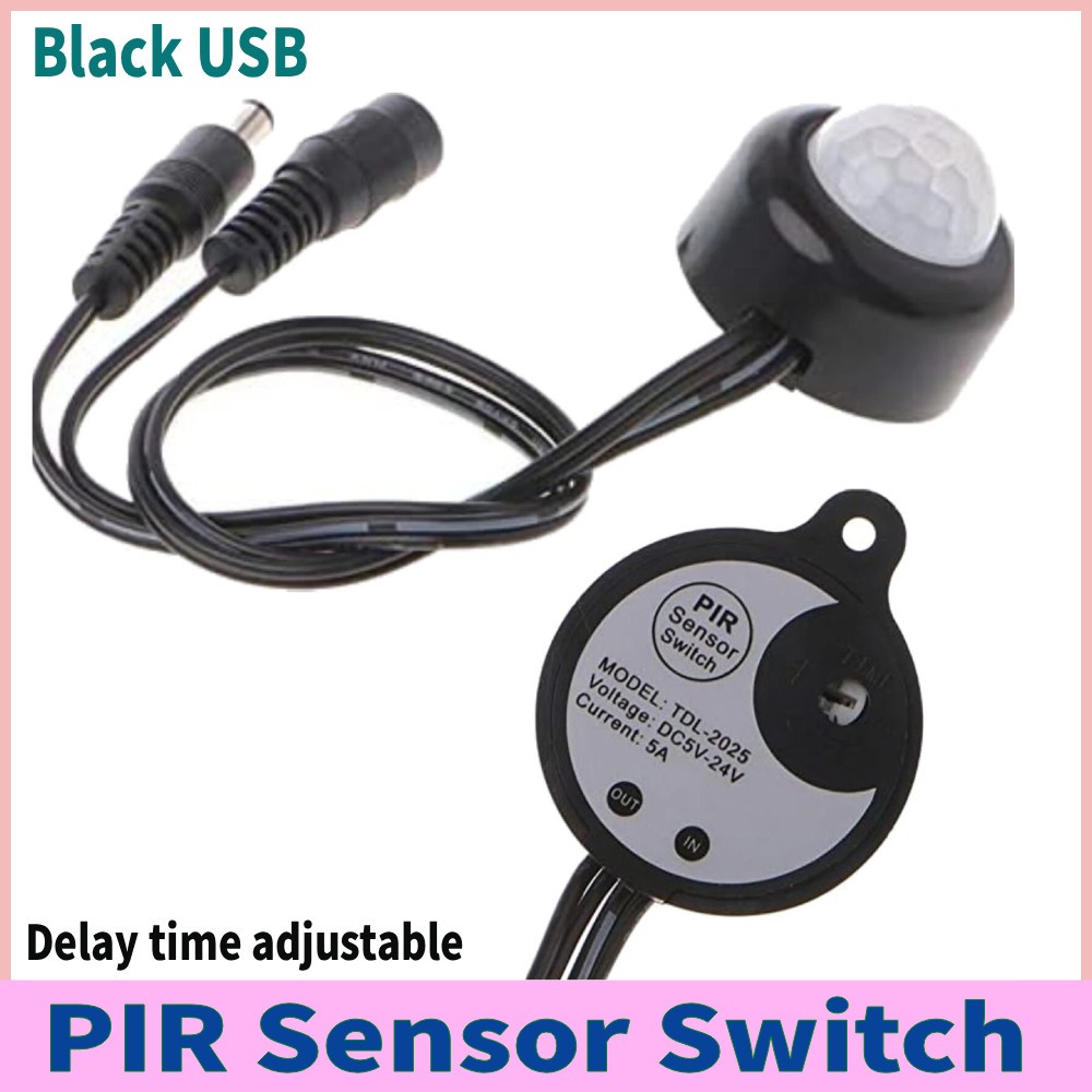 PIR Sensor Switch Time Delay Adjustable Mode Detector Switch USB Black DC5-24V