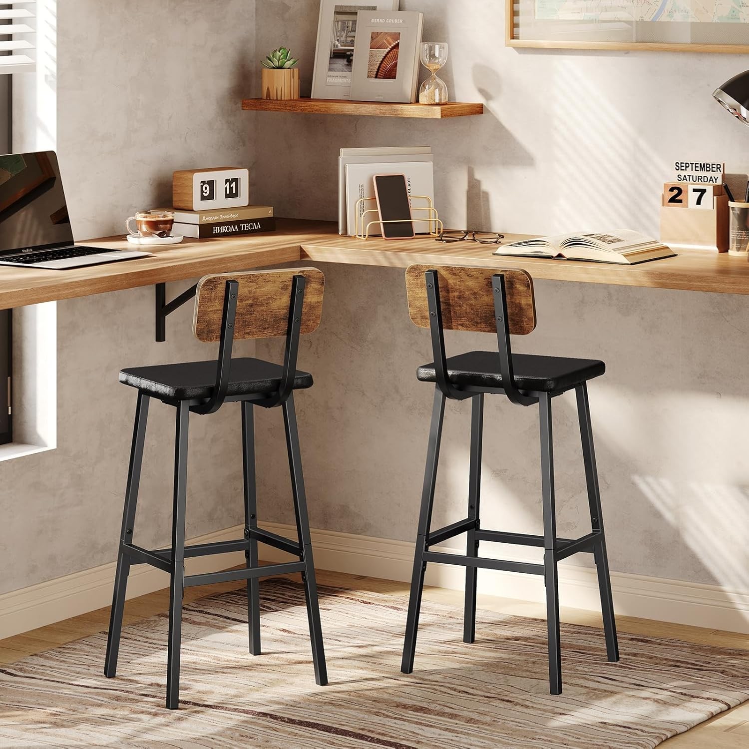 Black Bar Stools Set of 2 PU Upholstered Tall Bar Stools Kitchen Breakfast