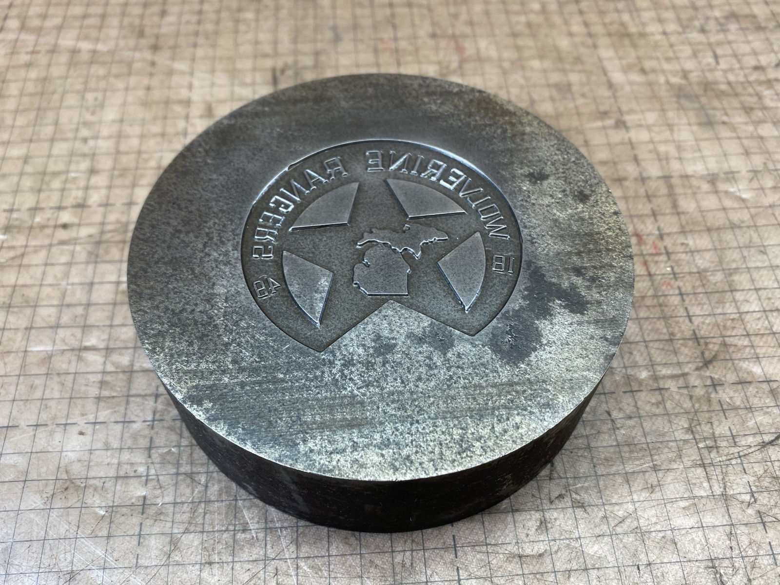 Obsolete Die 1849 Michigan Wolverine Rangers Button Badge Anvil 4" Block Old 7B