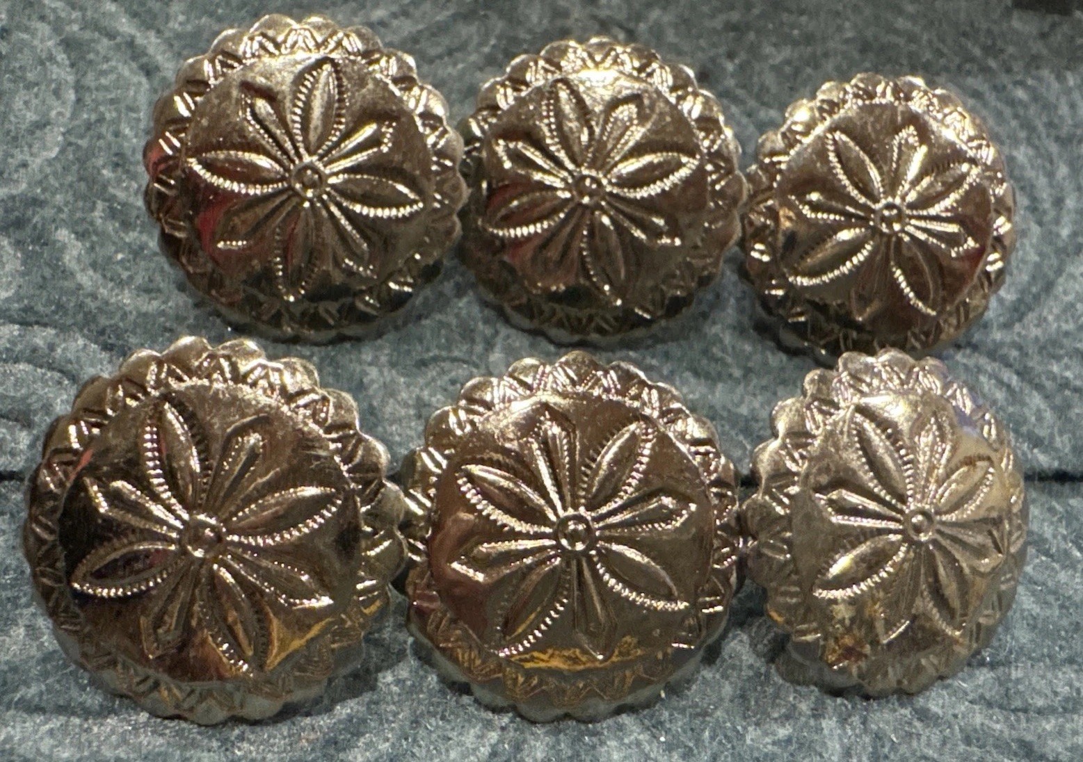 6 - Silver Tone  Concho Buttons - Western, Native Crafts - 1" Large Stamped